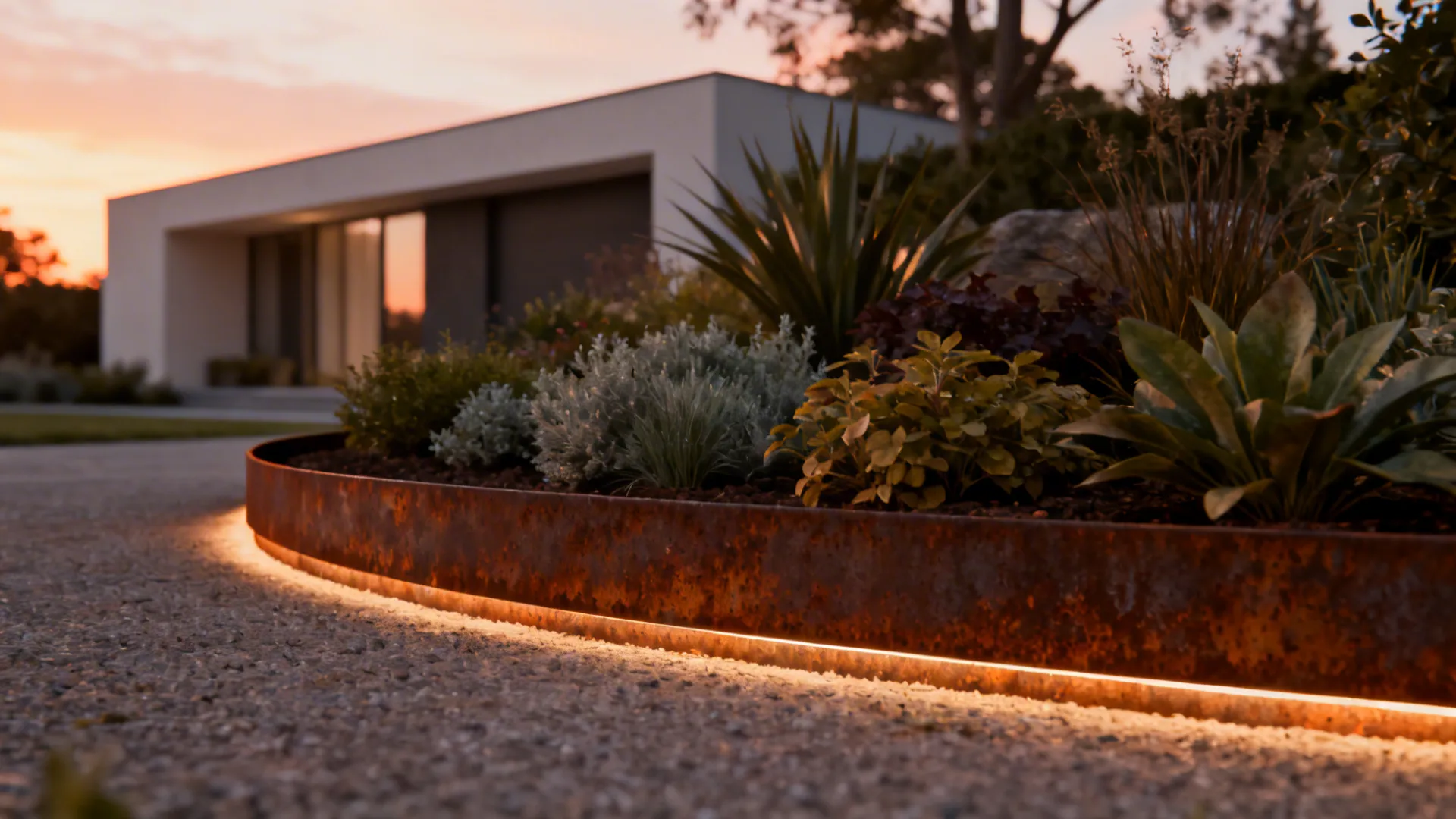 Curved corten steel retaining wall with warm rust patina framing contemporary plantings.