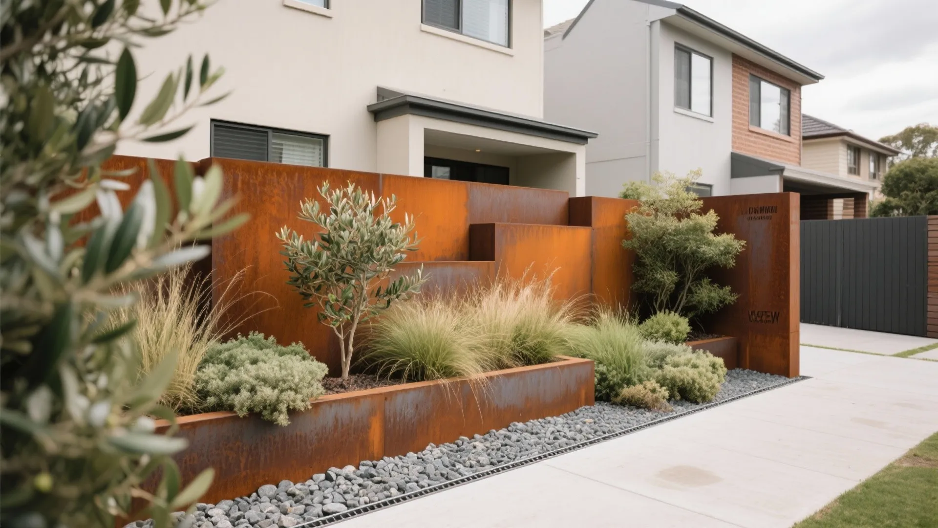 Corten steel boundaries with layered planting