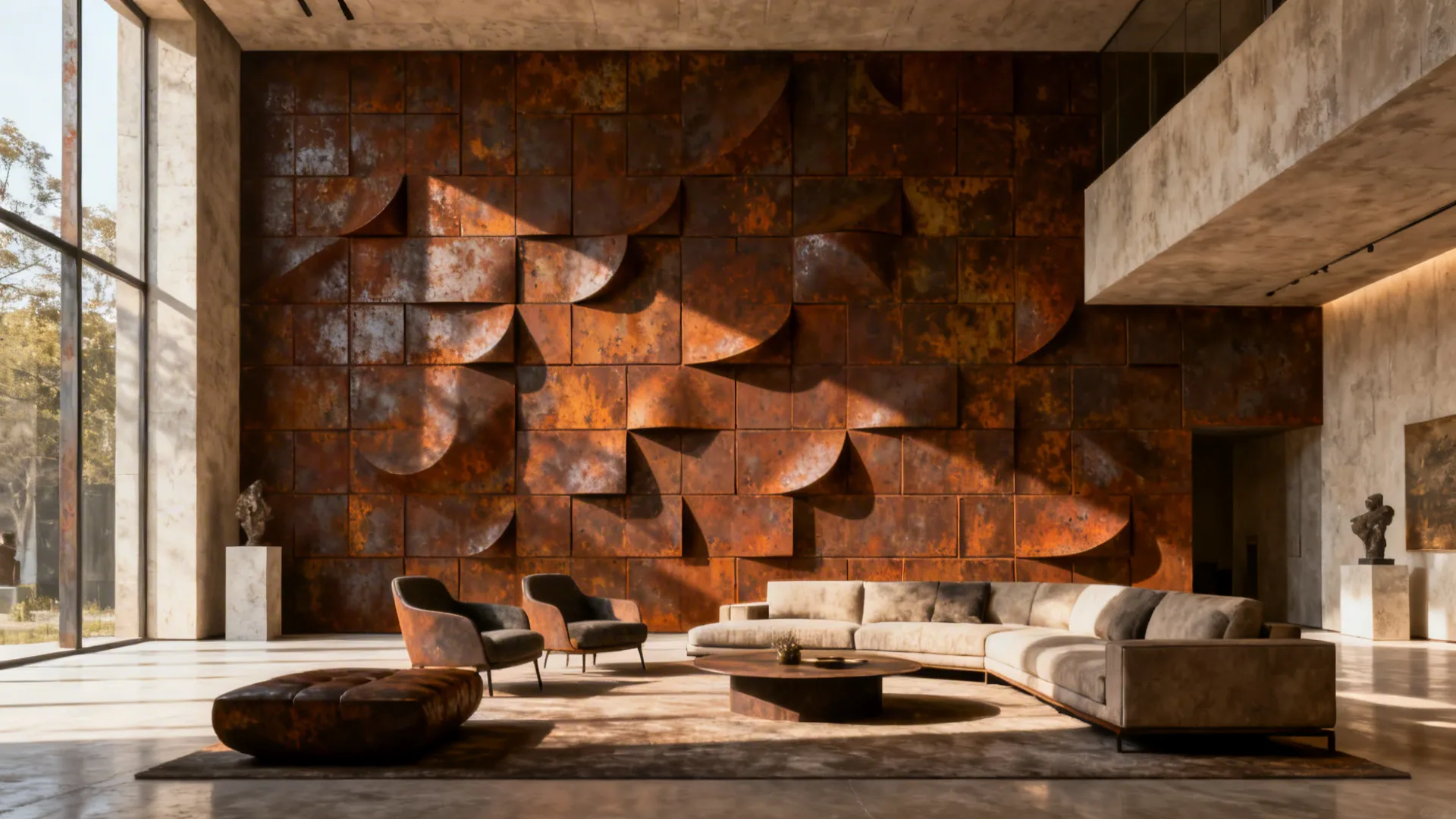Industrial living room with large rusty metal wall panels beige sofa and two dark armchairs