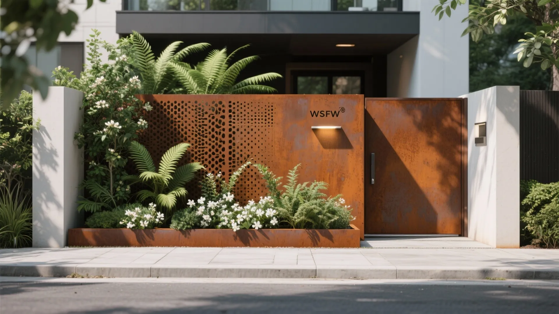 Perforated Screen Wall (Corten or Aluminum) with Layered Planting