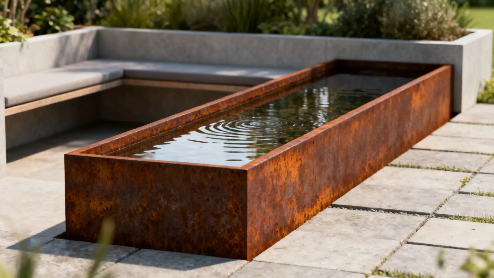 Slim corten steel raised pond with warm rust patina beside a small seating nook in a minimalist garden.
