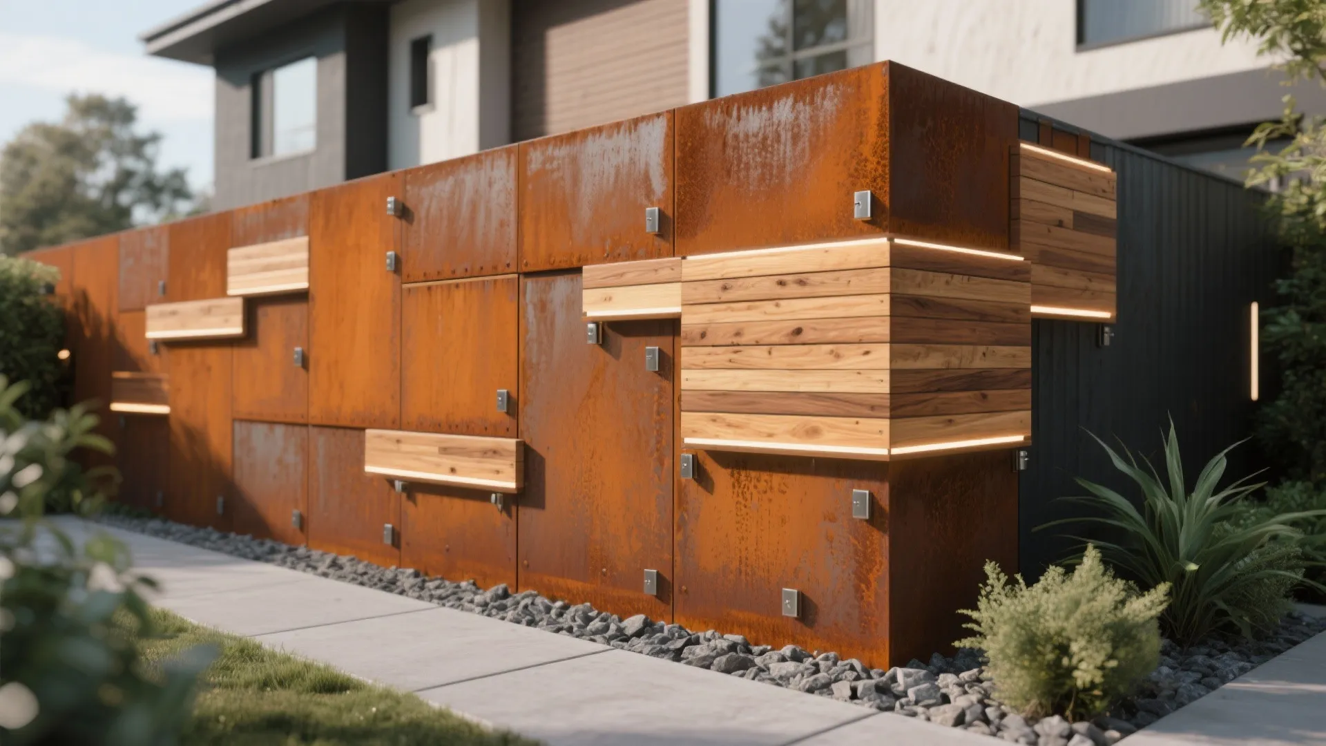 Corten steel and timber: warm-meets-industrial with lighting
