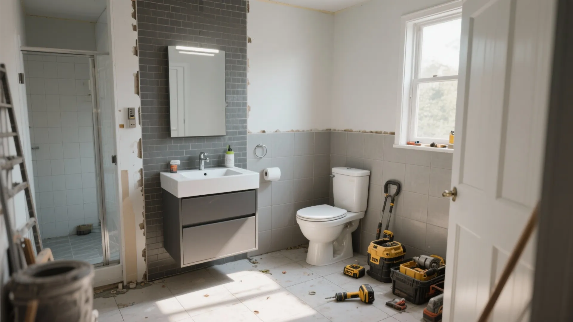 Bathroom renovation in progress with grey wall tiles white toilet floating sink and power tools