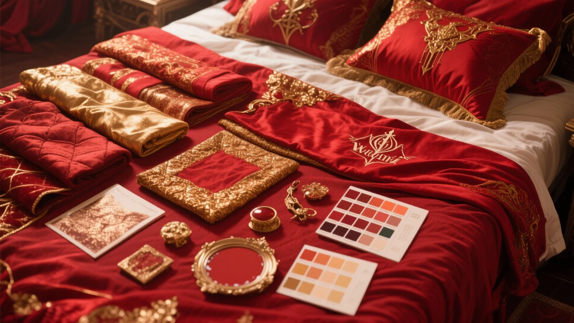 Flatlay of fantasy-inspired bedroom color palette