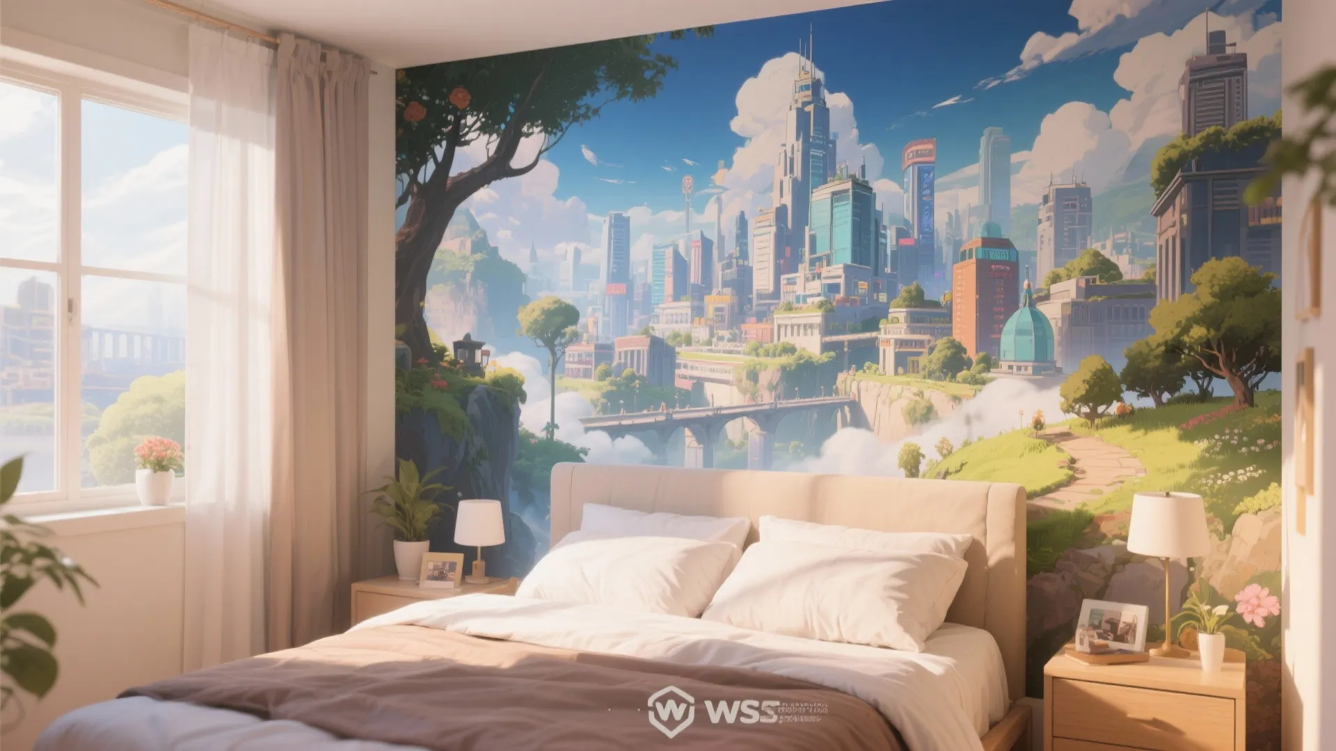 Anime and fantasy themed wall mural in bedroom