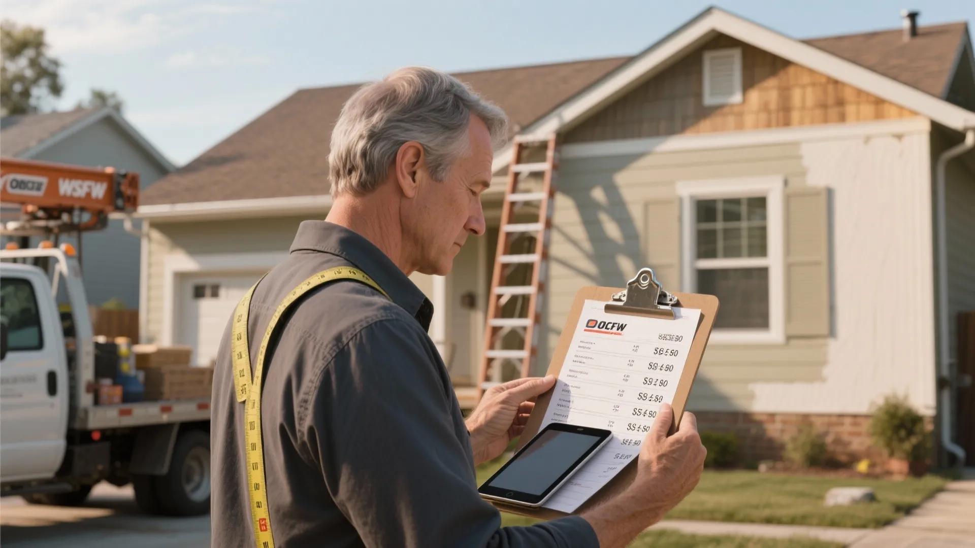 Man holding a clipboard and tablet while looking at the side of a painted house