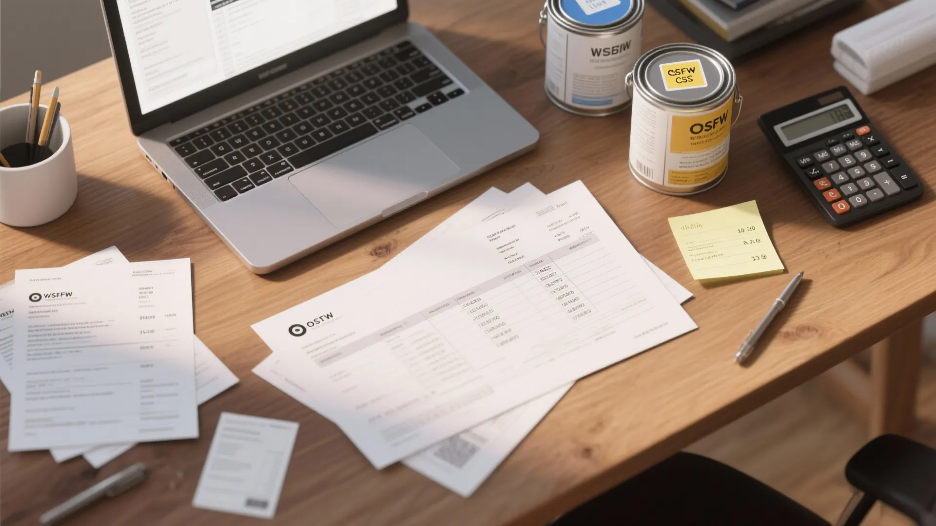 Top-down desk with spreadsheets, invoices, calculator and labeled paint cans showing a line-item cost breakdown.