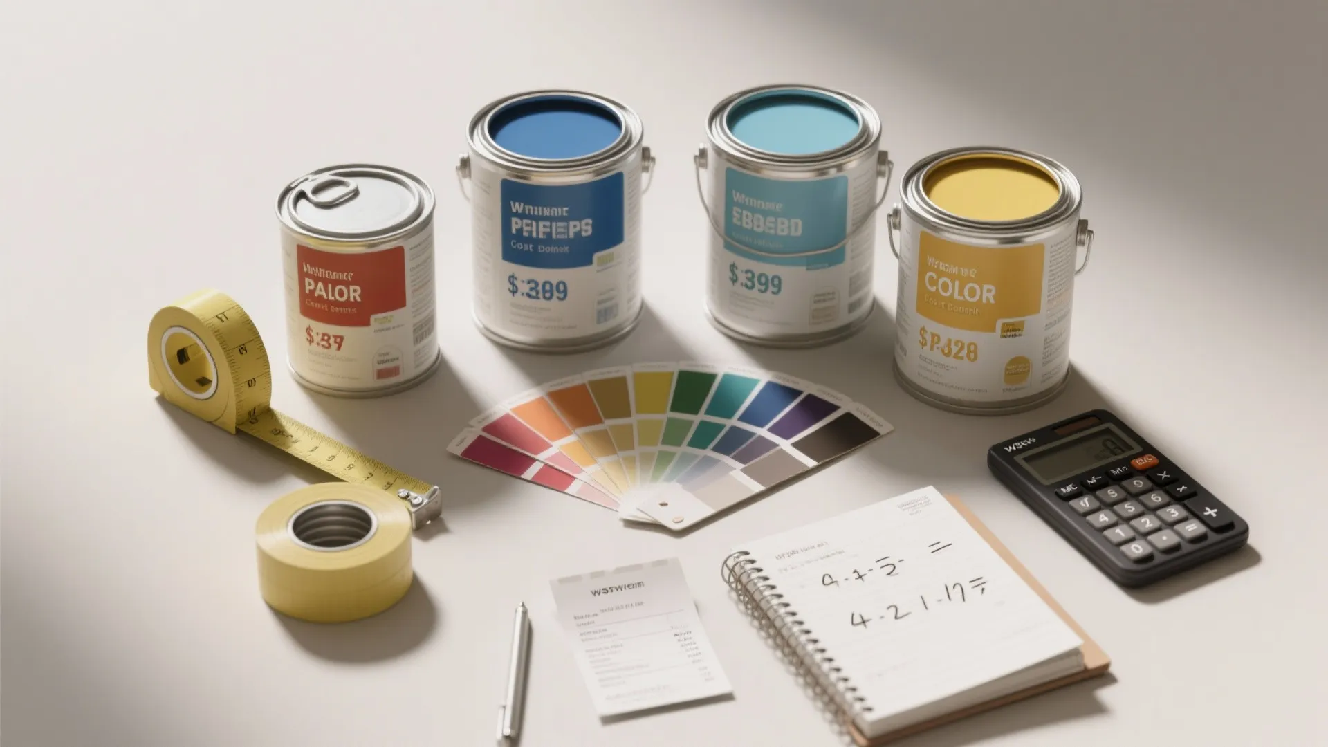 Painting project planning with color paint cans measuring tape color swatches calculator and a handwritten notebook