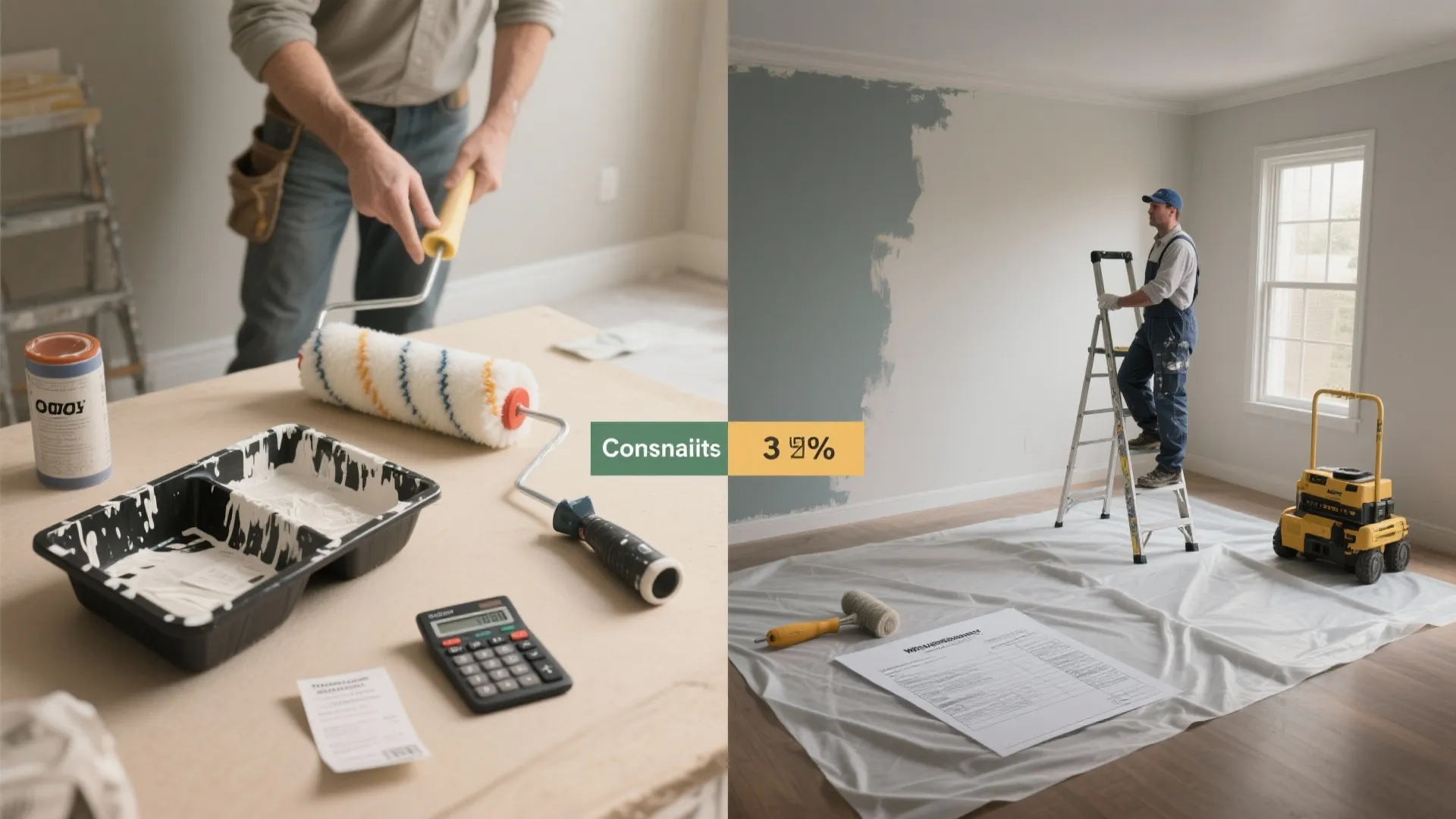 Man painting wall blue next to painting tools including roller paint tray and small calculator