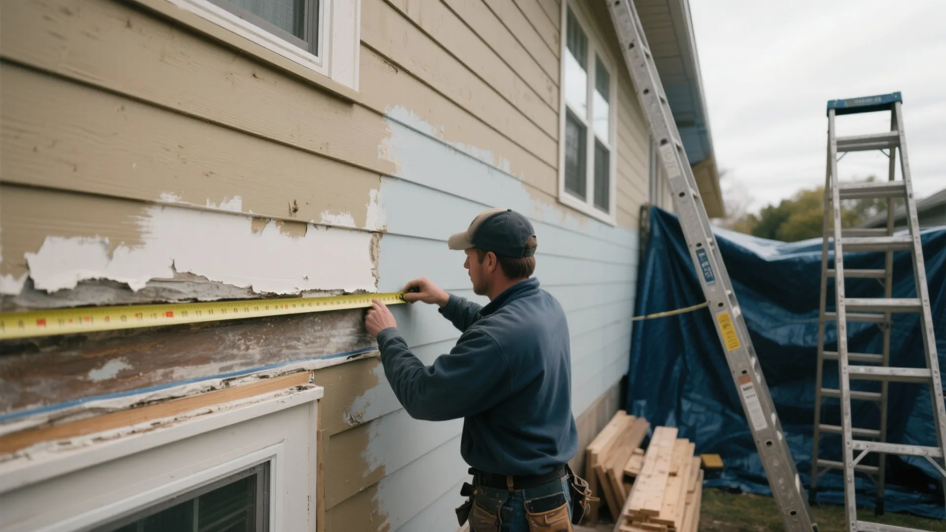 Professional worker measuring exterior house wall with yellow tape measure for siding repair and maintenance