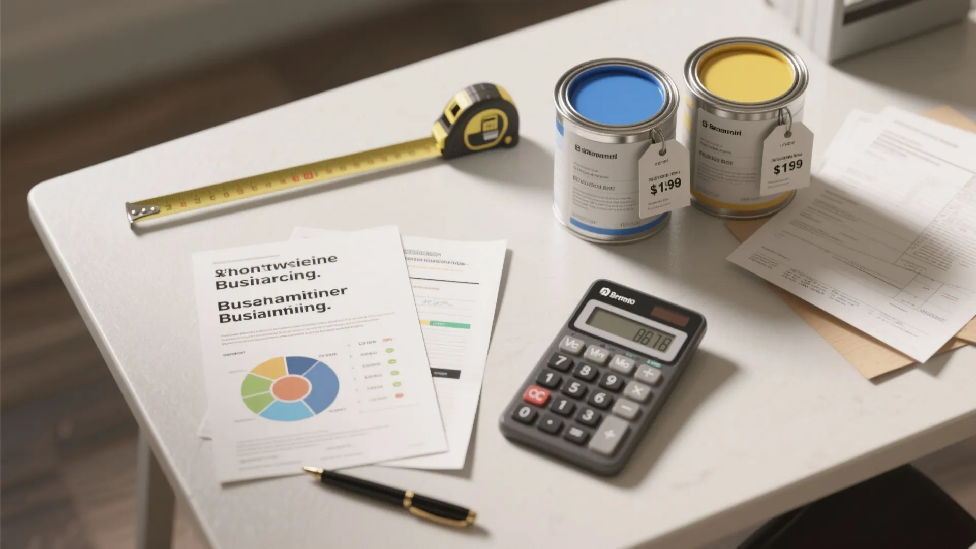 Desk with paint cans a calculator tape measure and documents showing home renovation cost breakdown analysis