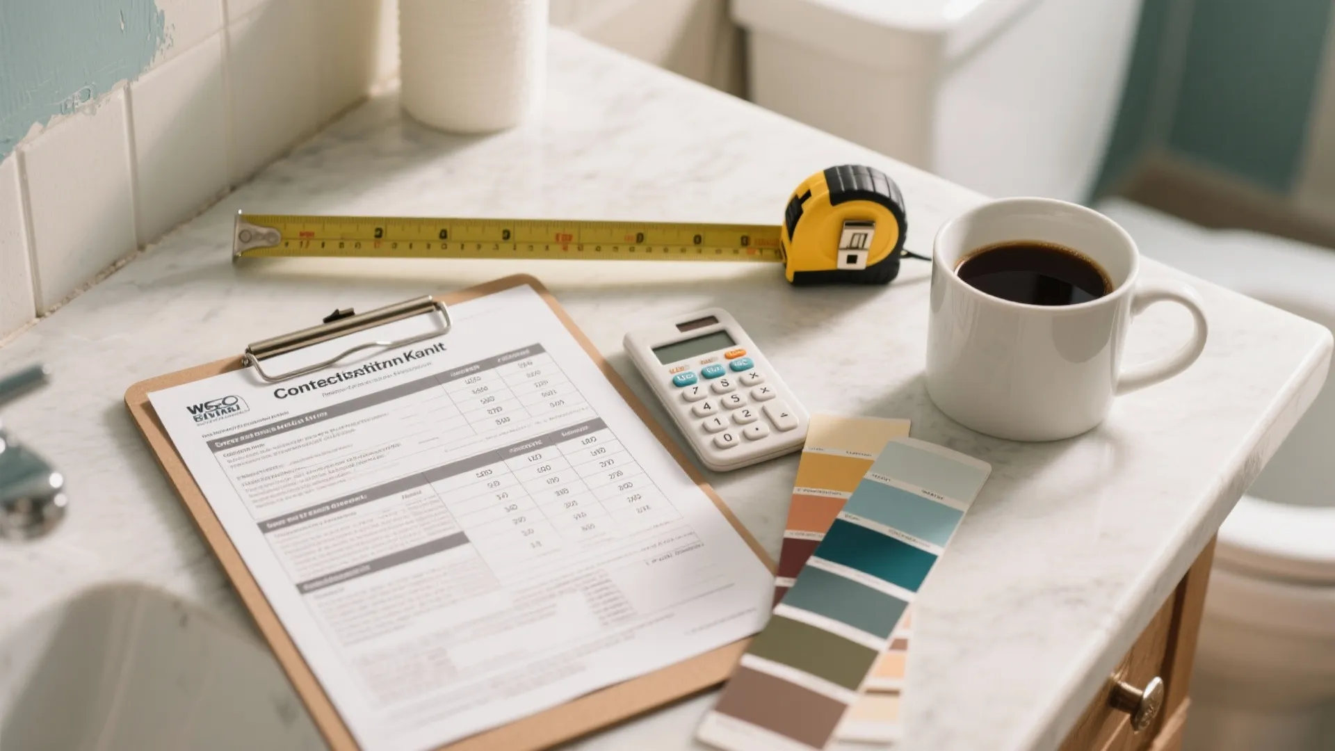 Estimating kit with cost sheet, paint swatches, and measuring tape for a small bathroom paint job.
