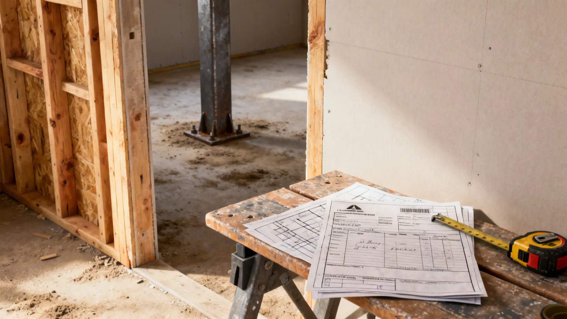 Construction site interior featuring project documents and a yellow tape measure on a wooden table