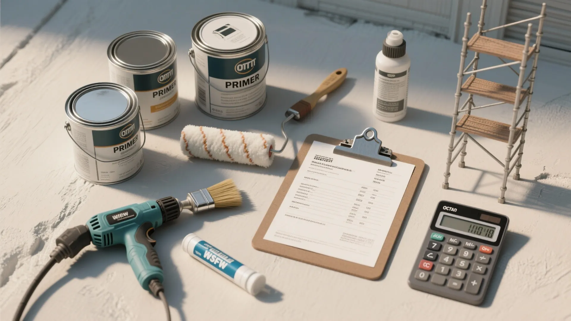 Top view of paint cans with roller and calculator on table for home painting cost calculation