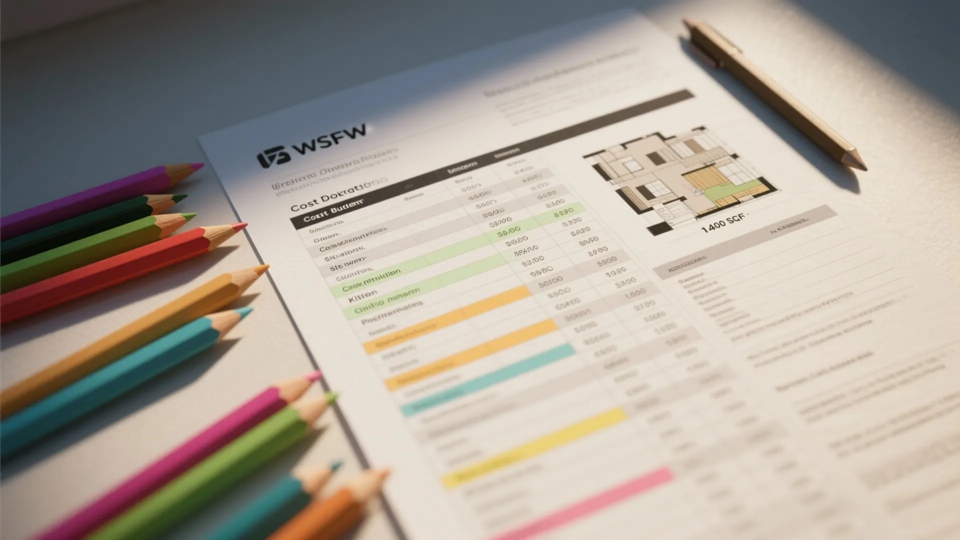 Flatlay showing a detailed cost breakdown and floorplan for a 1,400 sq ft mid-range build.