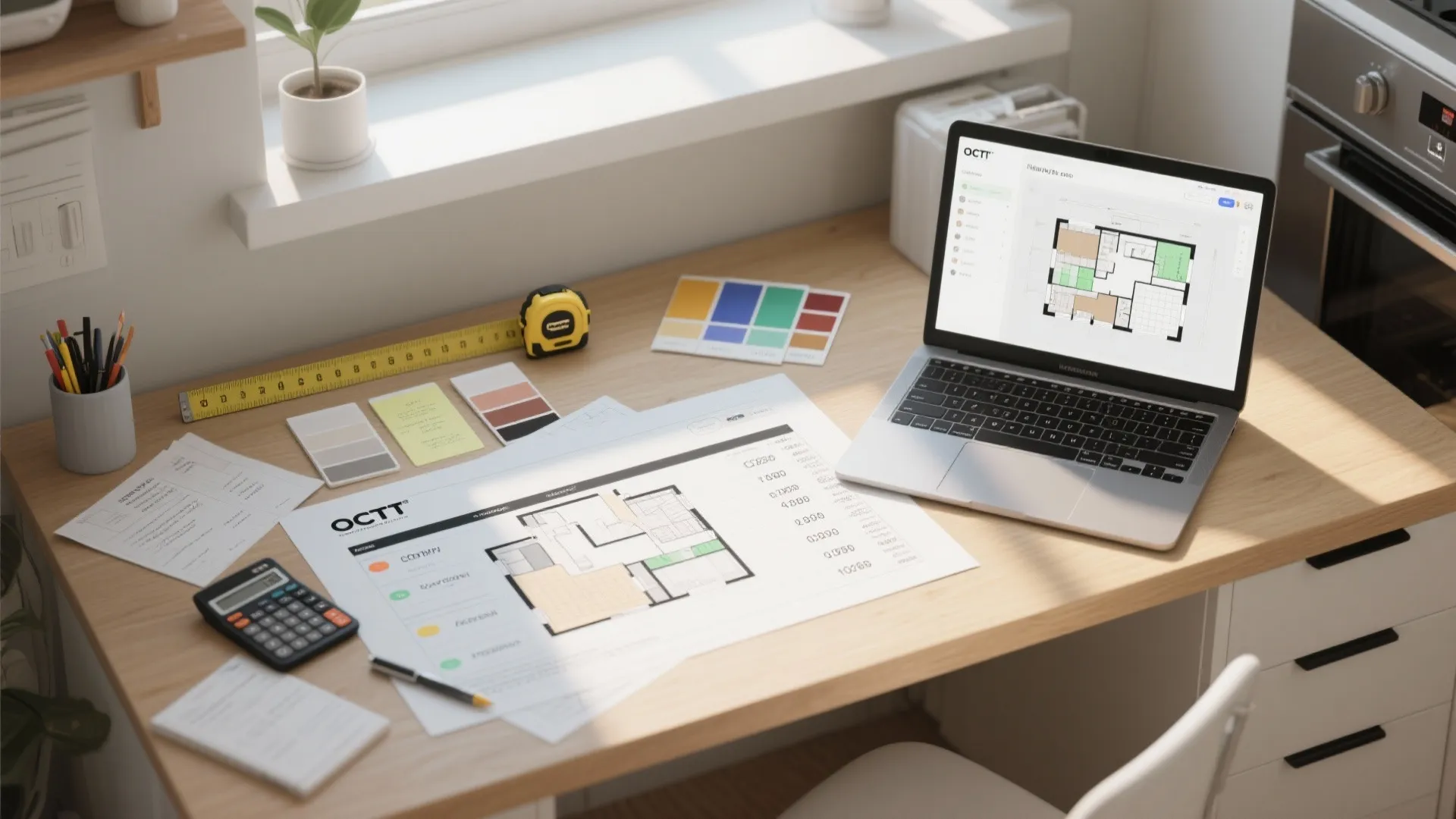 Laptop showing floor plan next to printed design documents calculator and tools on wooden desk