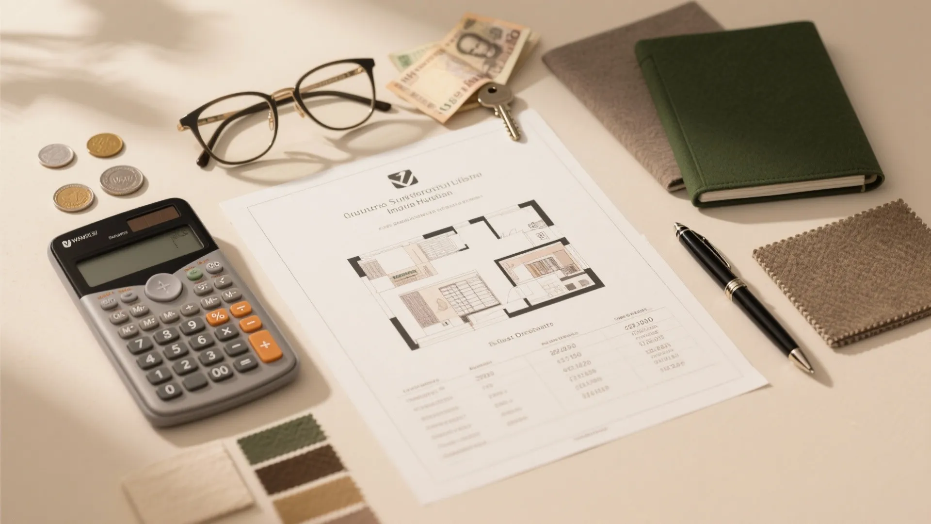 Interior design planning desk with floor plan paper calculator glasses money notebooks and fabric color samples