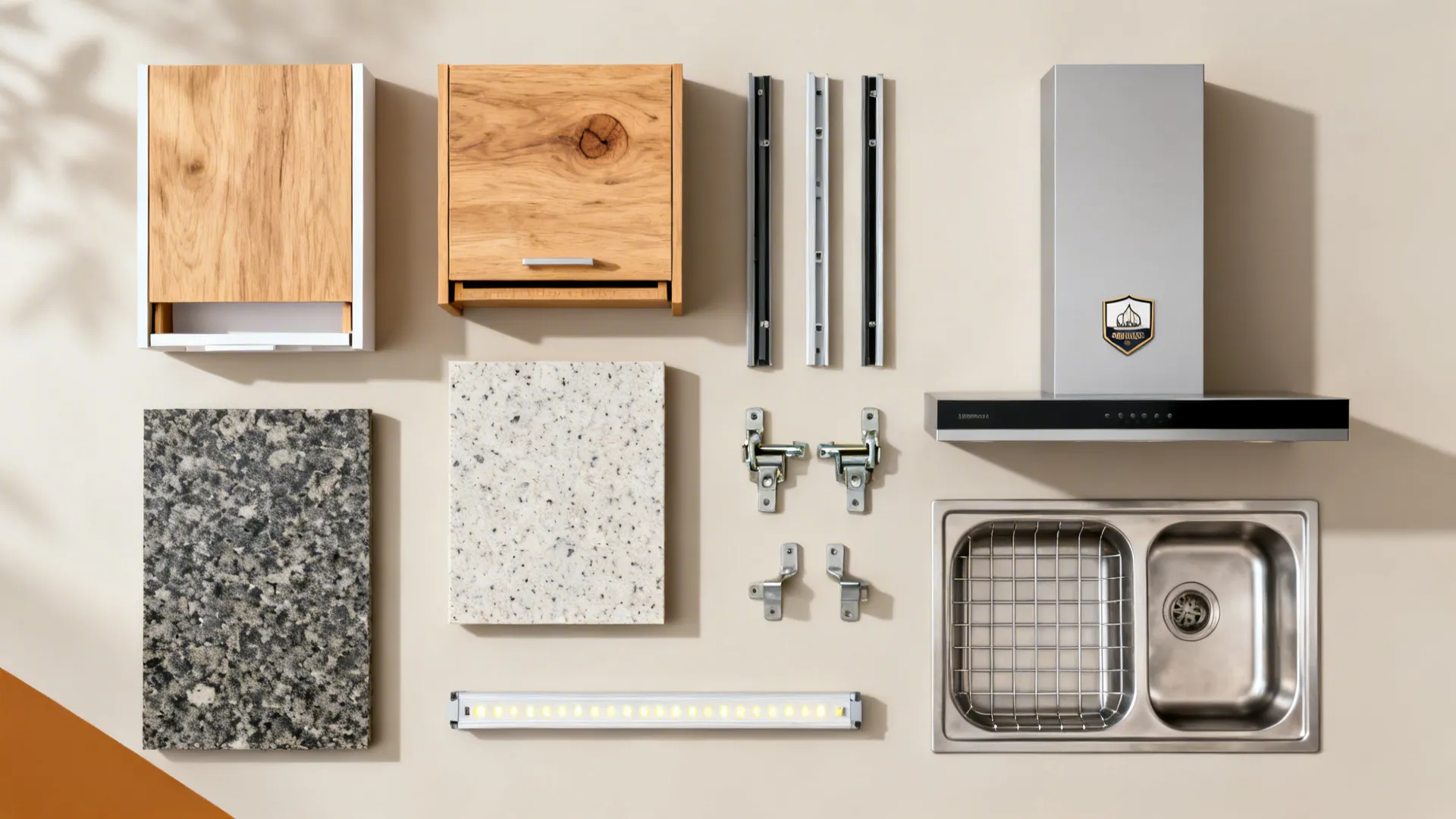 Flat lay of modules, countertop samples, hardware, chimney, sink grid, and LED strip for budgeting.