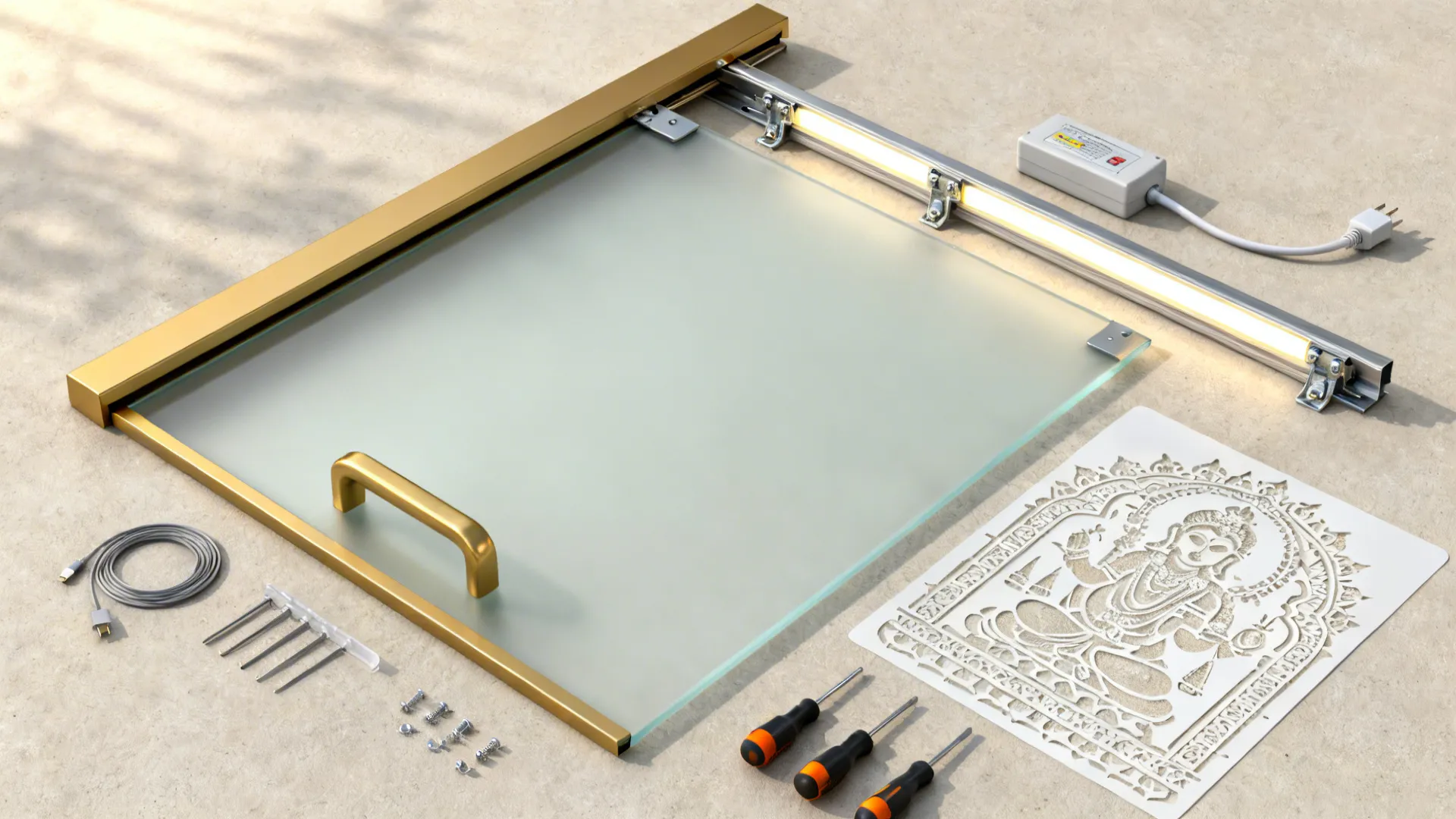 Glass panel with gold handle light fixture power adapter screwdrivers and decorative pattern for project