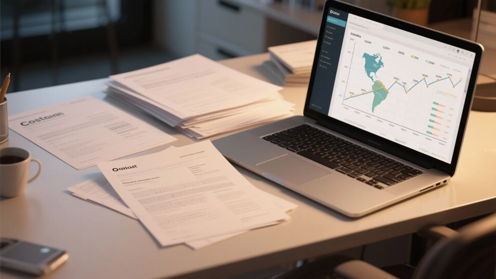Laptop on a desk showing cost data charts and world map next to paper documents