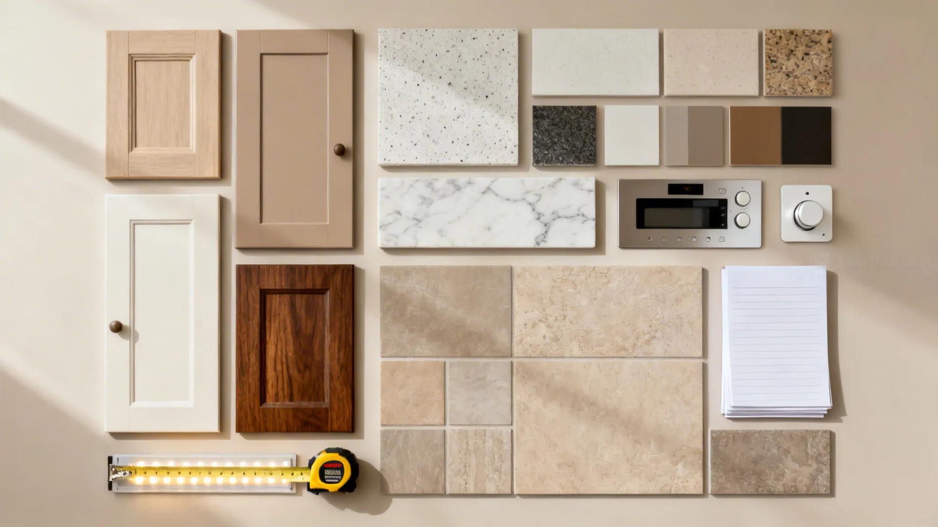 Kitchen material samples including wood cabinet doors marble tiles floor tiles and a yellow measuring tape