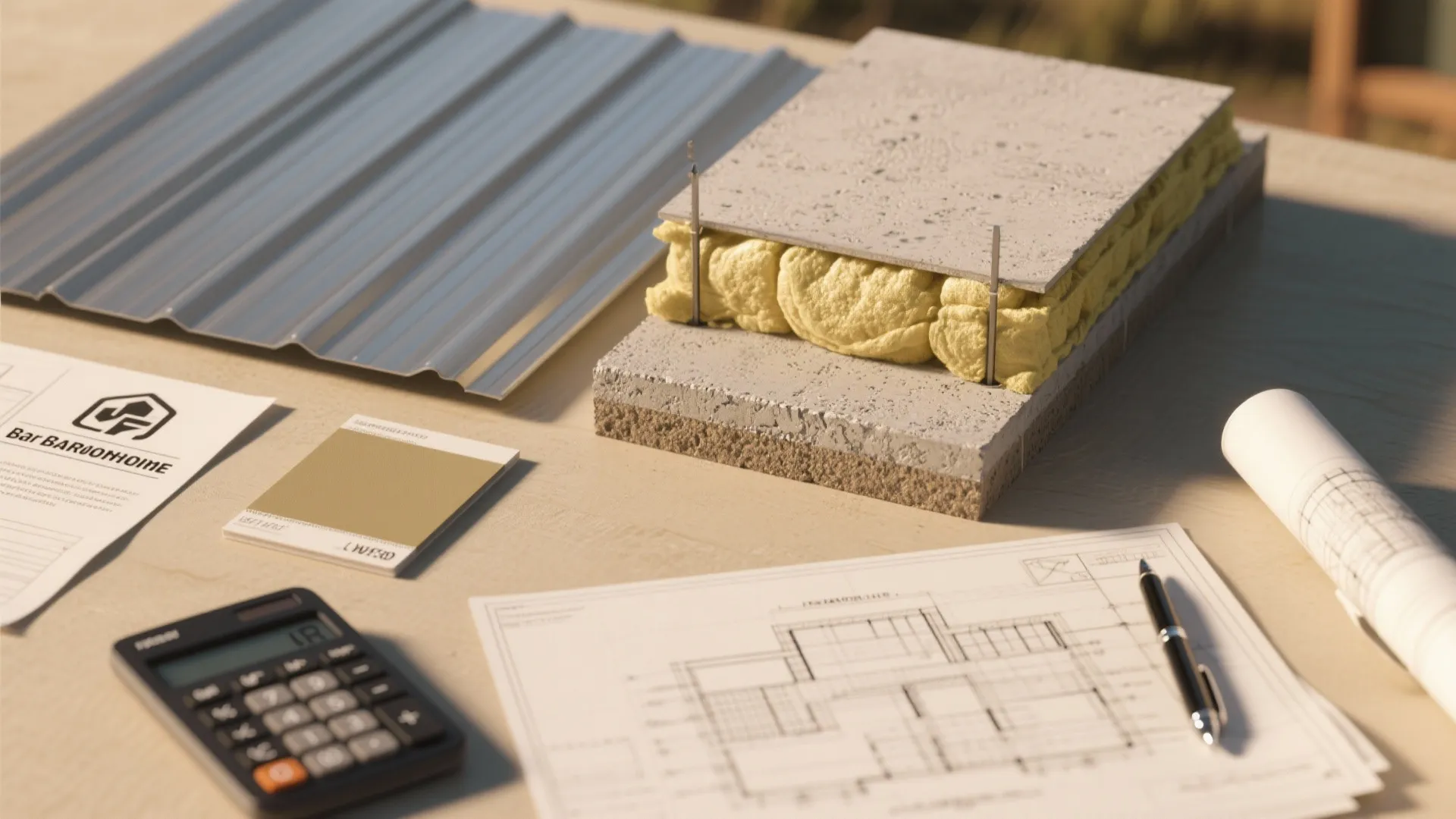 Building materials with roof panel insulation foam interior design drawing calculator and pen on a table