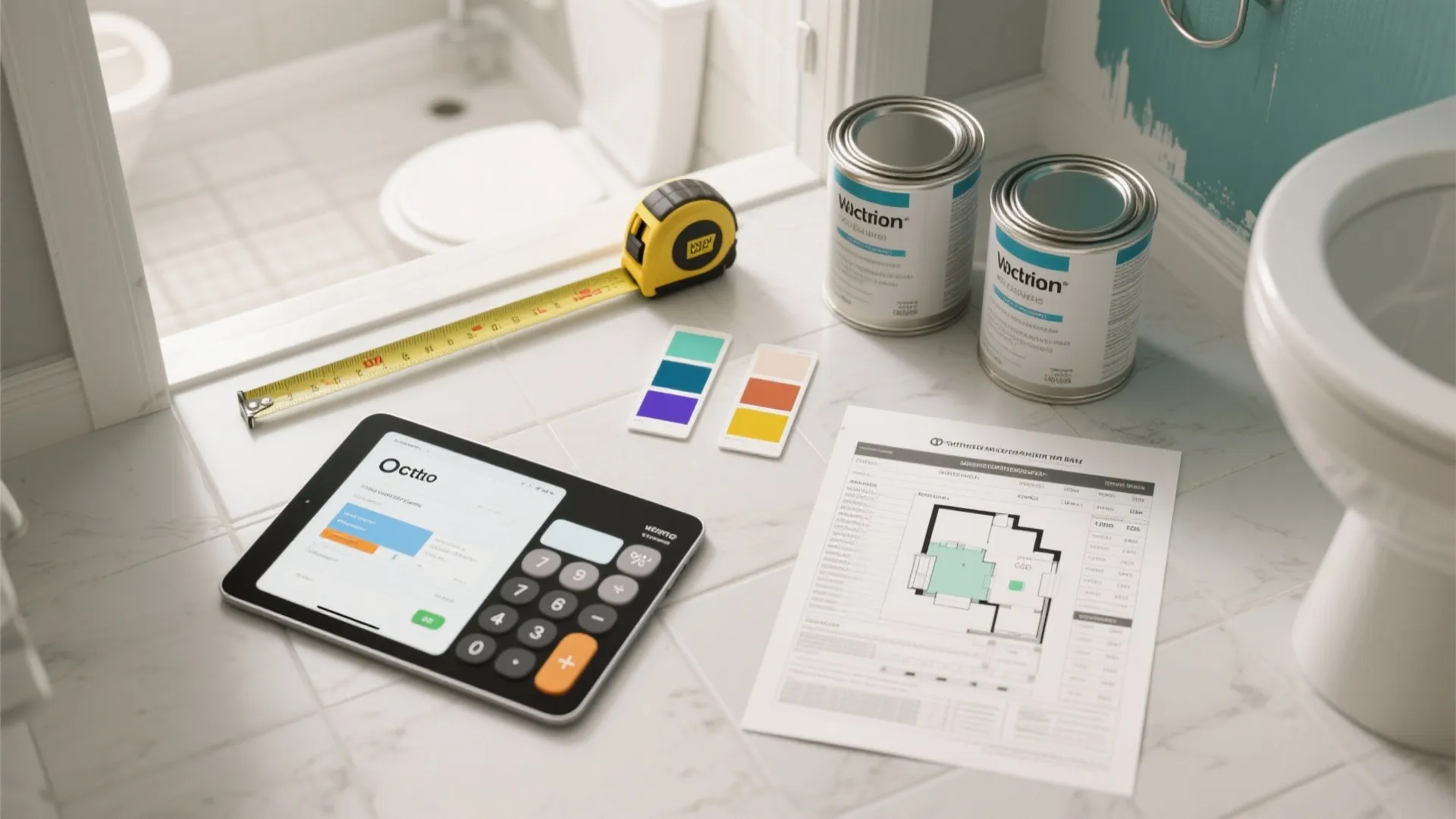 Interior design drawing with tape measure, paint cans, and tablet showing a home renovation budget