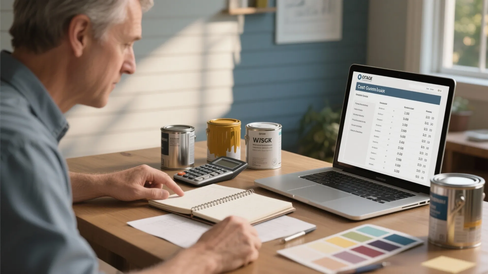 Man using laptop with cost guide spreadsheet calculator paint cans and color swatches on desk