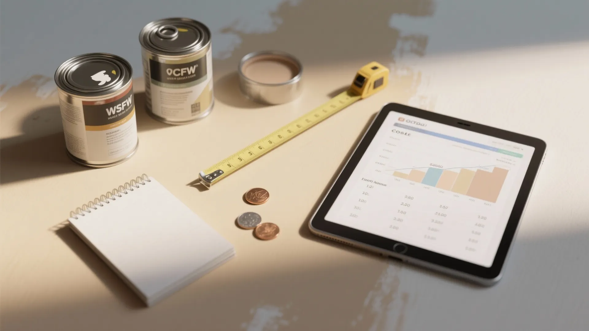Flatlay with paint cans, measuring tape, coins and a tablet showing a blurred cost chart, representing painting cost planning.