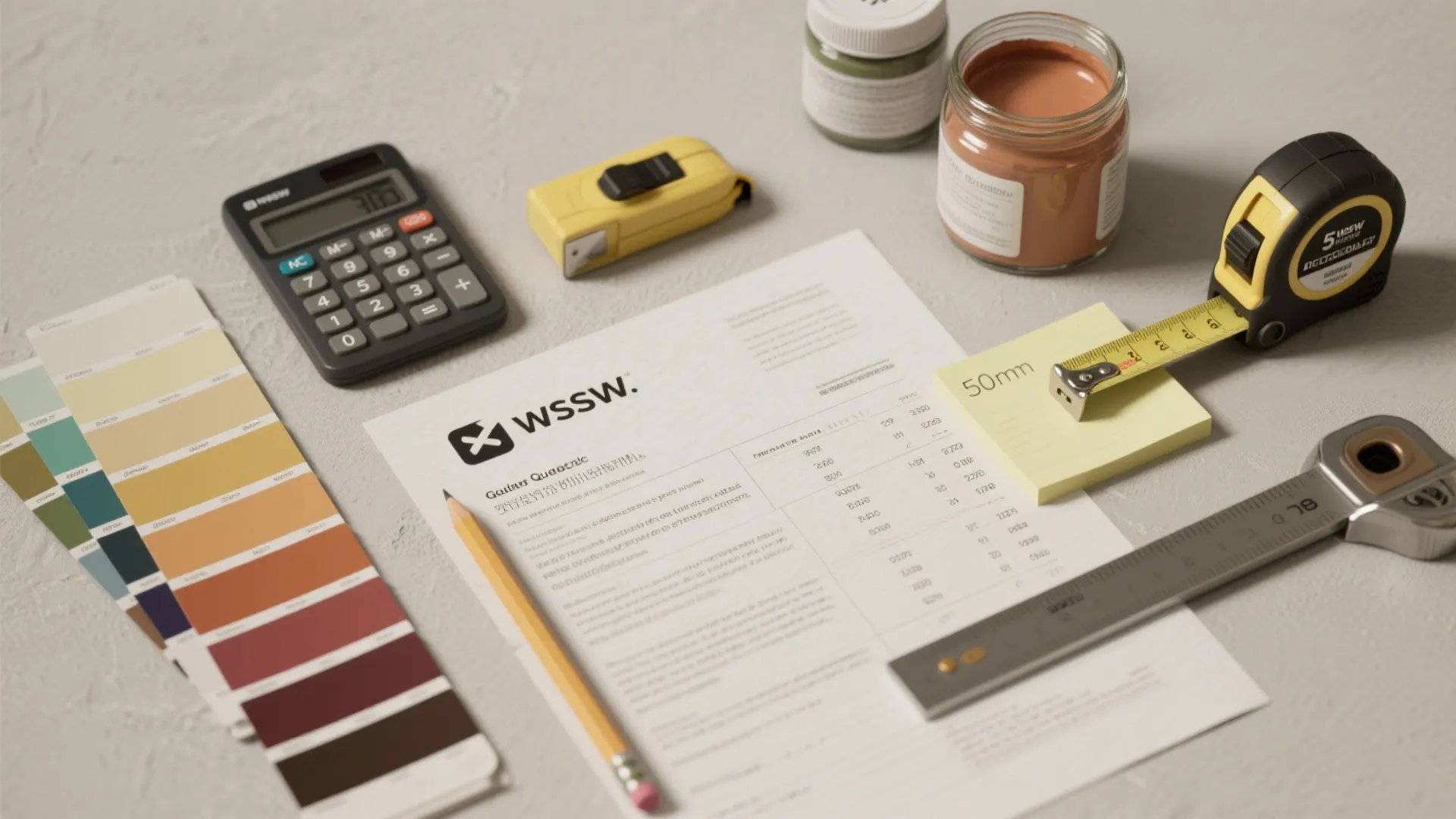 Flat lay of home renovation tools including color swatches tape measure calculator and paint jars