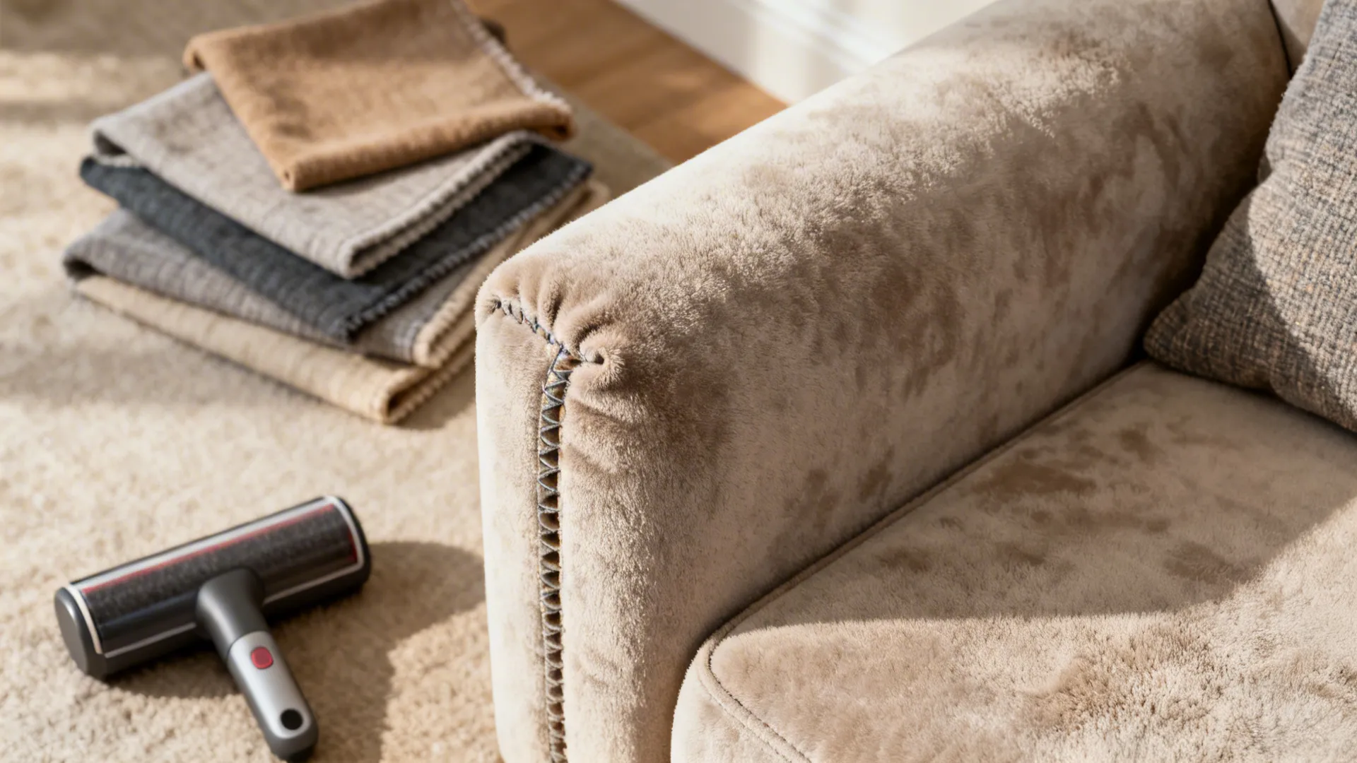 Fabric swatches and pet-care tools showing maintenance options for sofas and sectionals.
