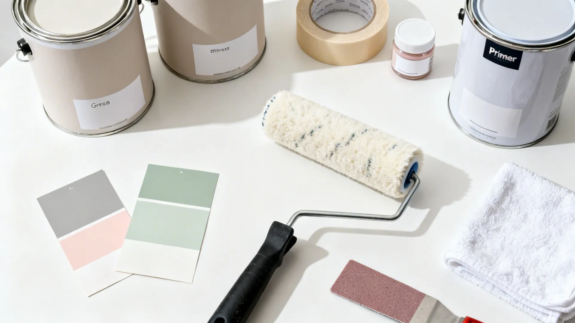 Flat lay of paint cans, rollers, tape, primer, touch-up jars, and color chips for kids’ room projects.