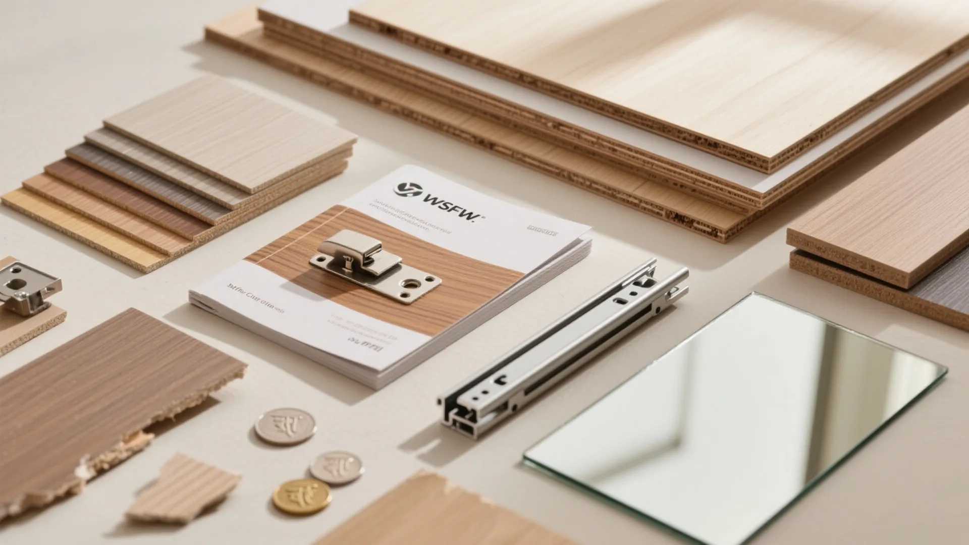 Various interior design materials including wood boards mirror glass metal hinges and cabinet hardware samples