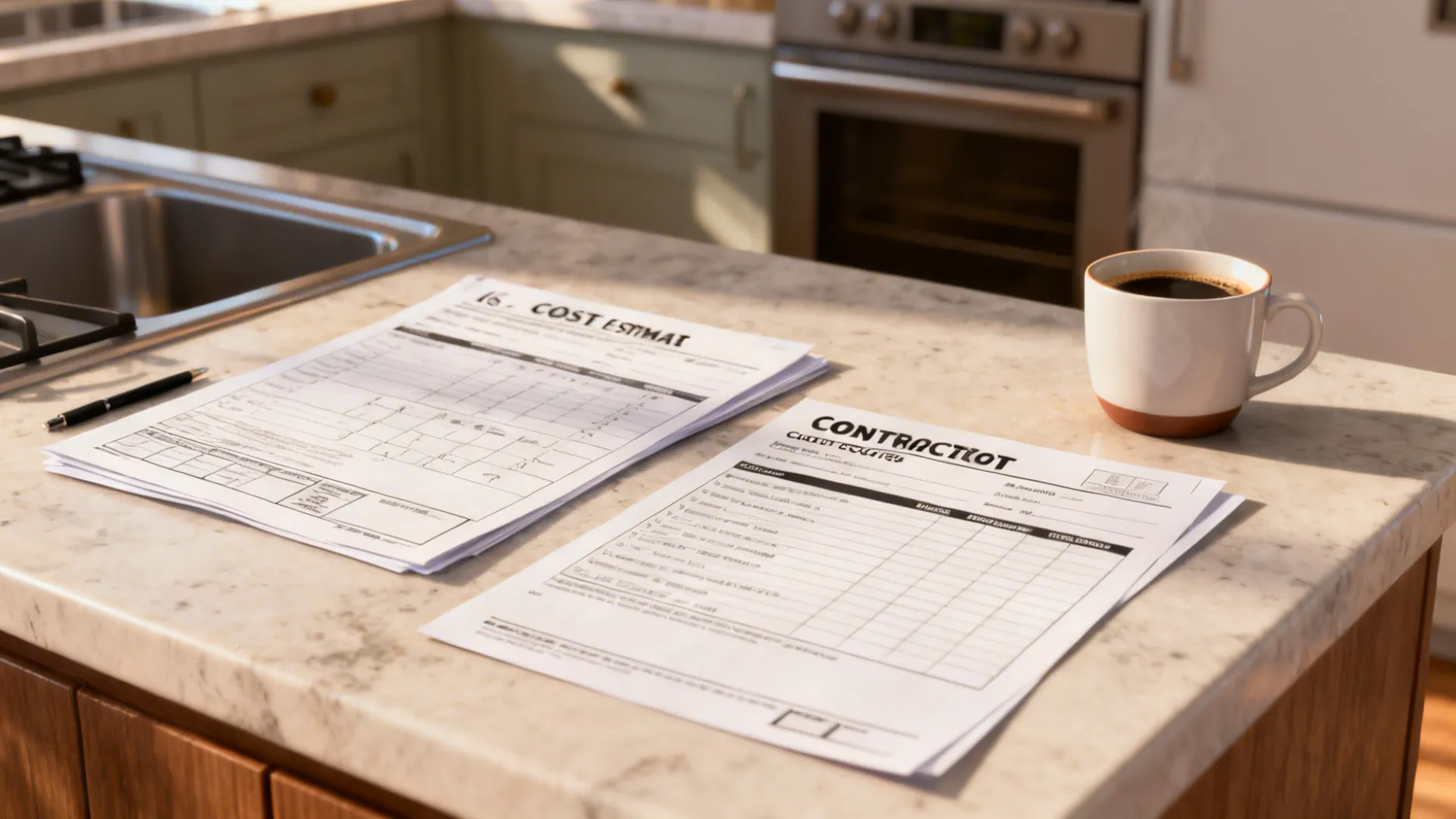 Kitchen counter with contractor quotes and planning documents ready for comparison