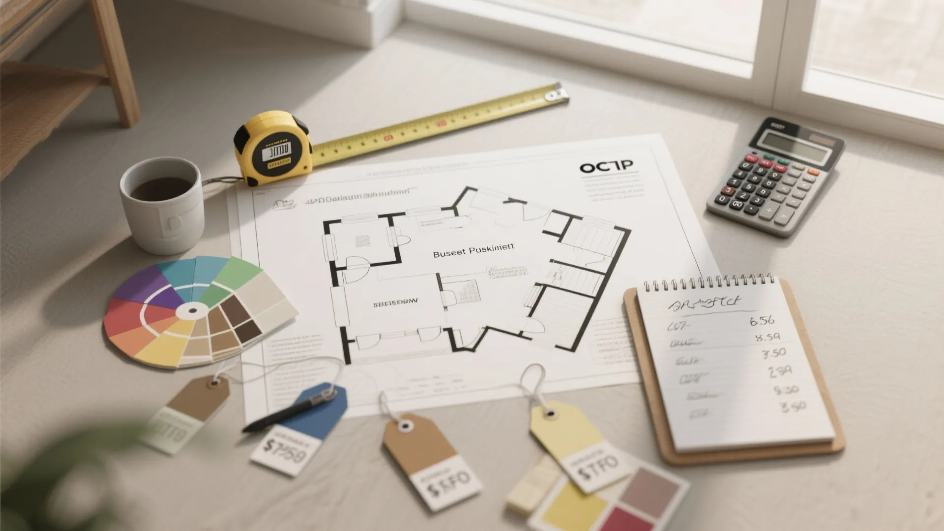 Top-down view of floor plan, tape measure, calculator and paint swatches used for quick cost estimation.