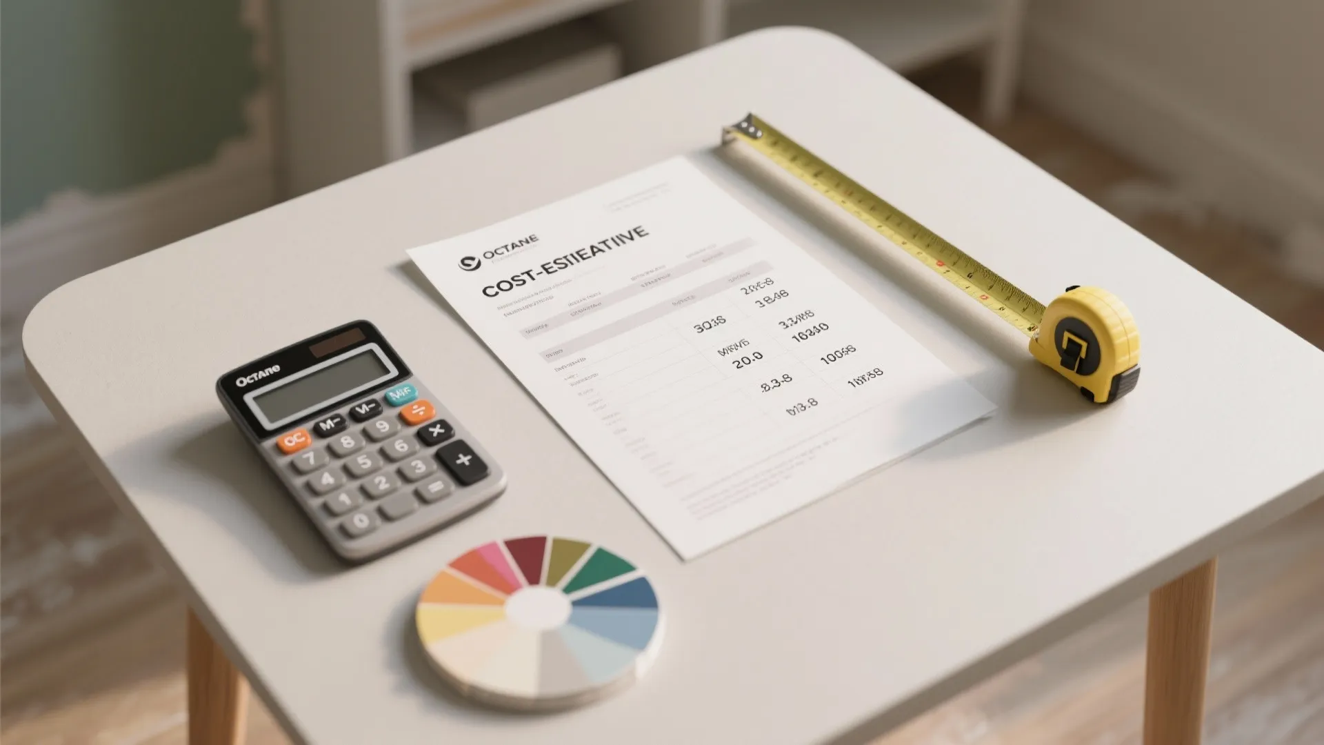 Home renovation cost estimate paper with a calculator yellow measuring tape and a color wheel