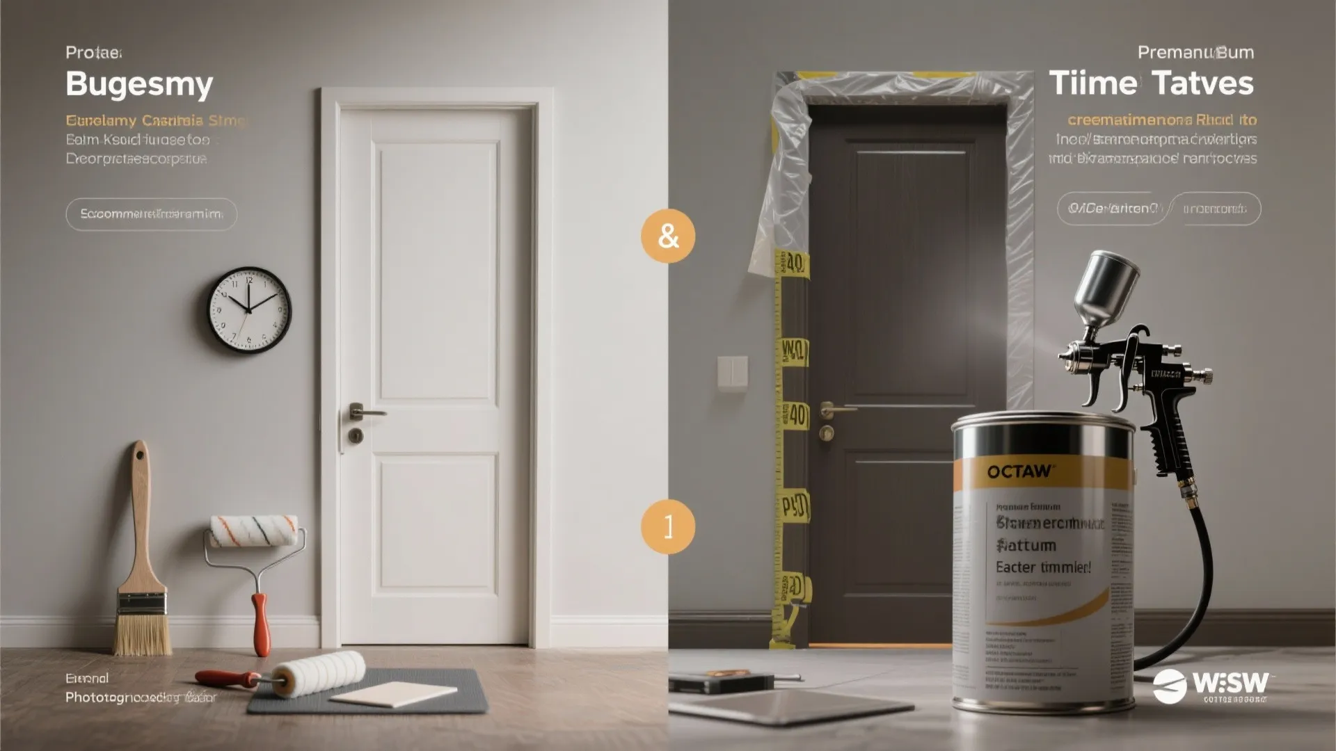 Comparison of painting a door using manual paint rollers versus using a professional spray gun machine