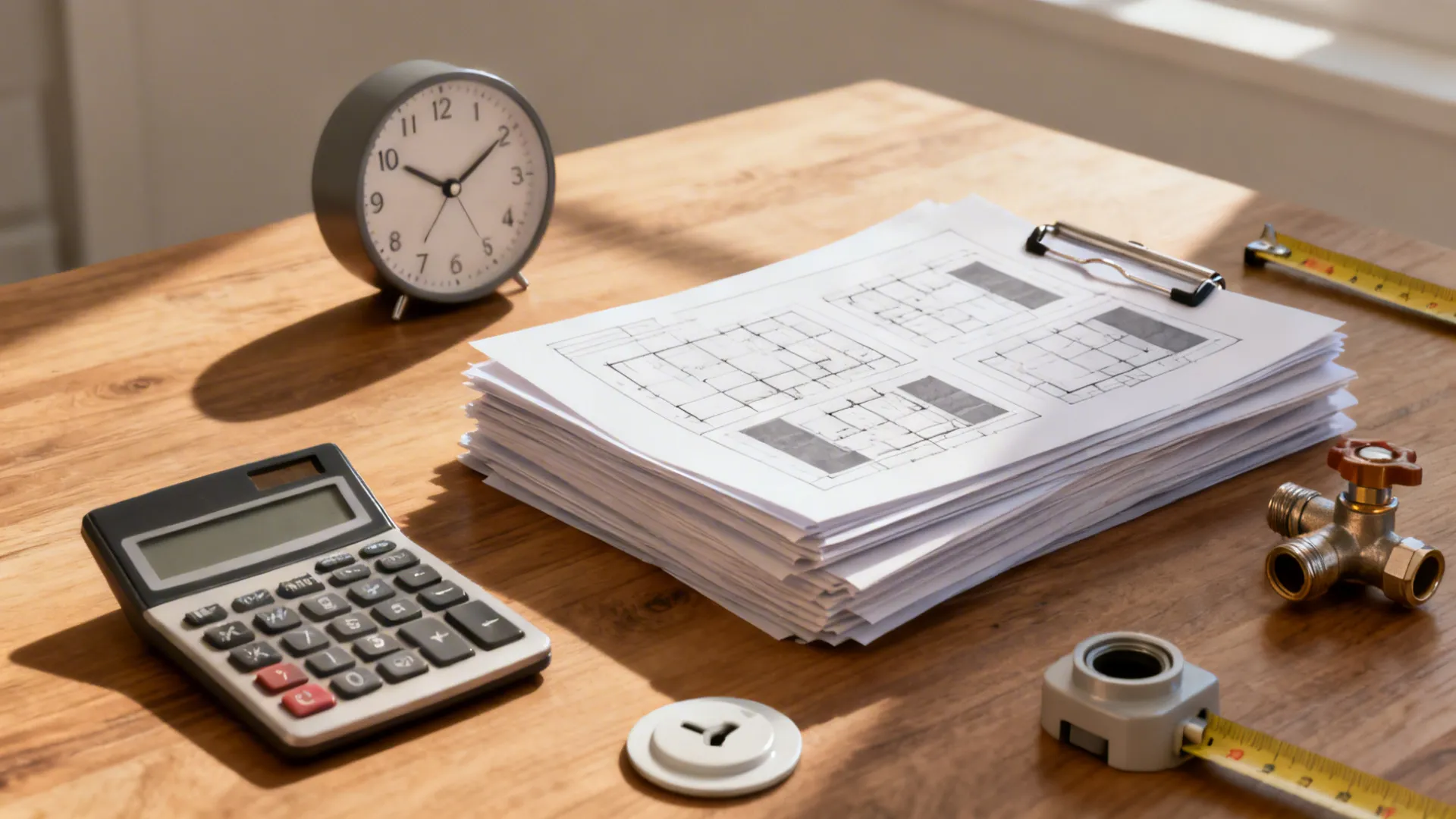 Flatlay with clock, calculator, plans, tape, and small fittings symbolizing time and cost planning.