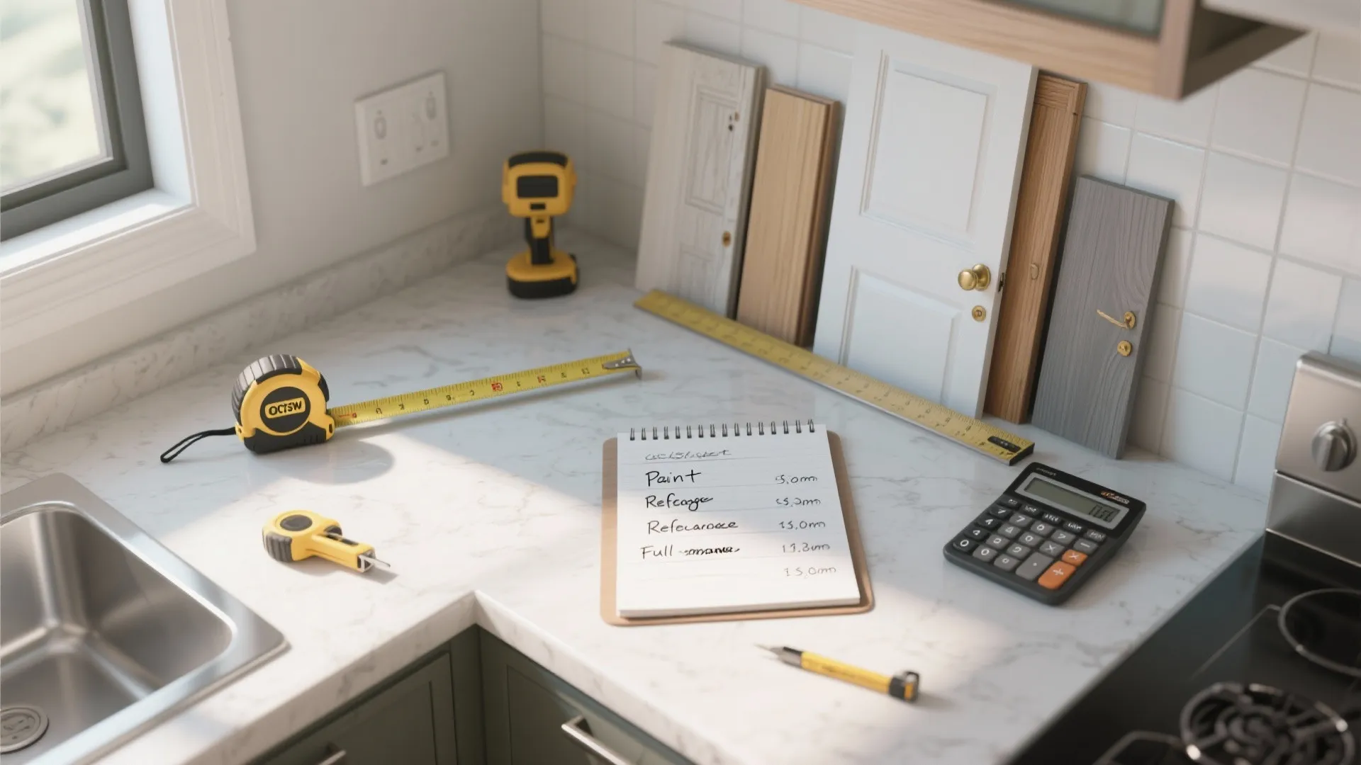 [
  {
    "url": "https://coohom-biz-sg-s3.coohom.com/ins/static/article/costs-planning-topdown-1763351143536833400.jpg",
    "alt": "Kitchen counter with measuring tapes ruler calculator notepad and door samples for a home project"
  }
]