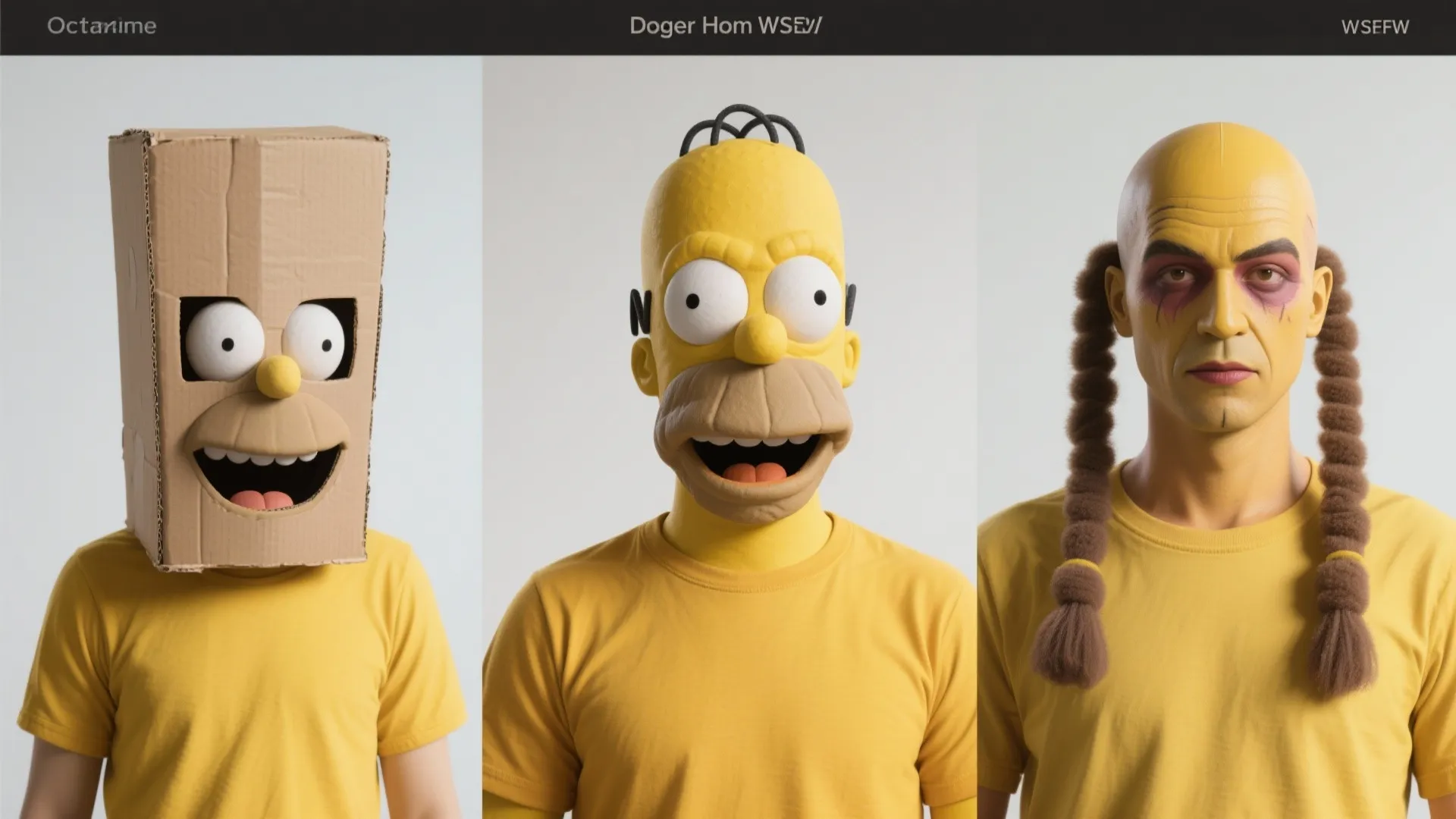 Three different versions of Homer Simpson showing a cardboard box head a normal and braids