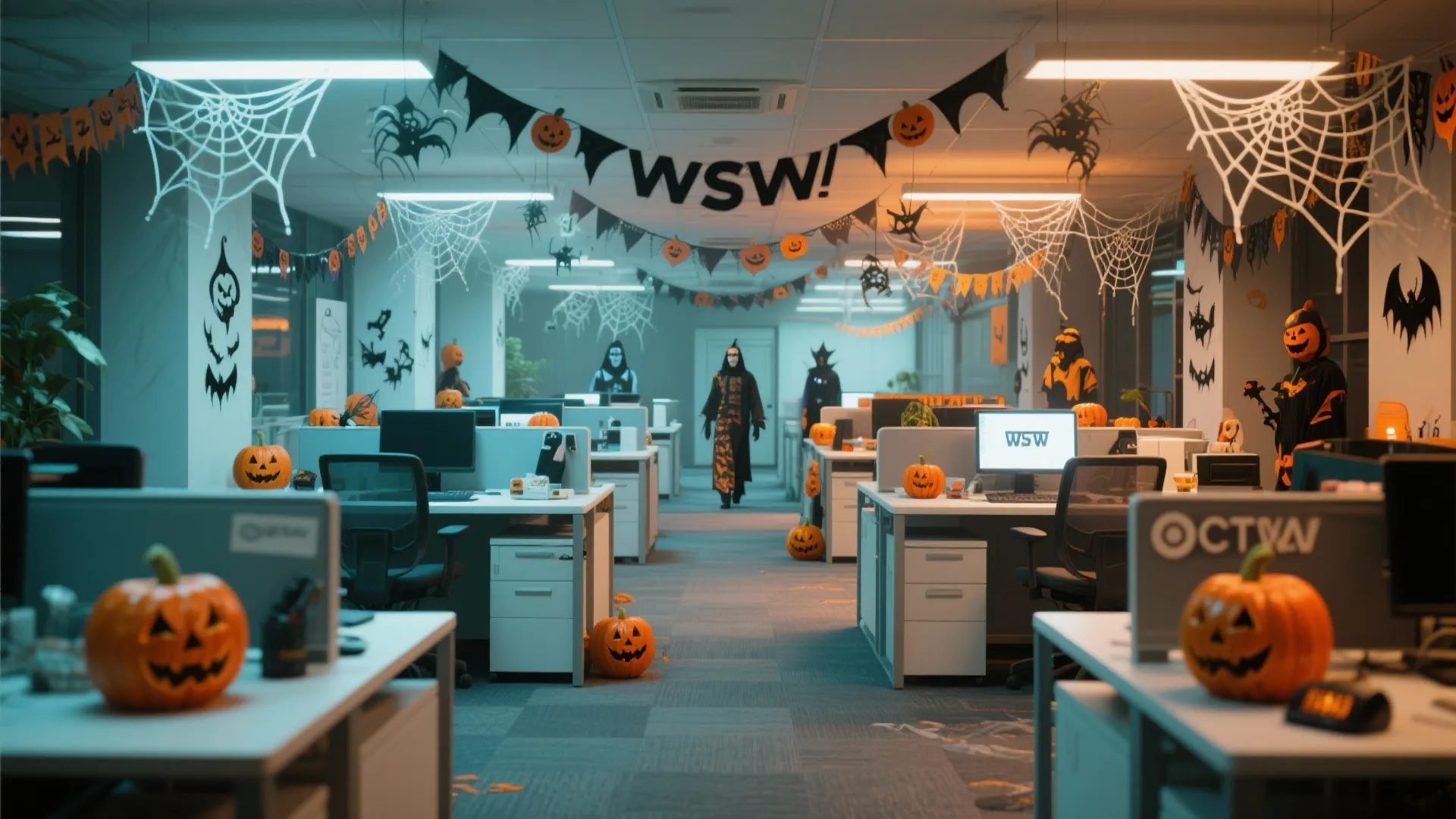 Modern open office space decorated with pumpkins and spider webs for a spooky Halloween atmosphere