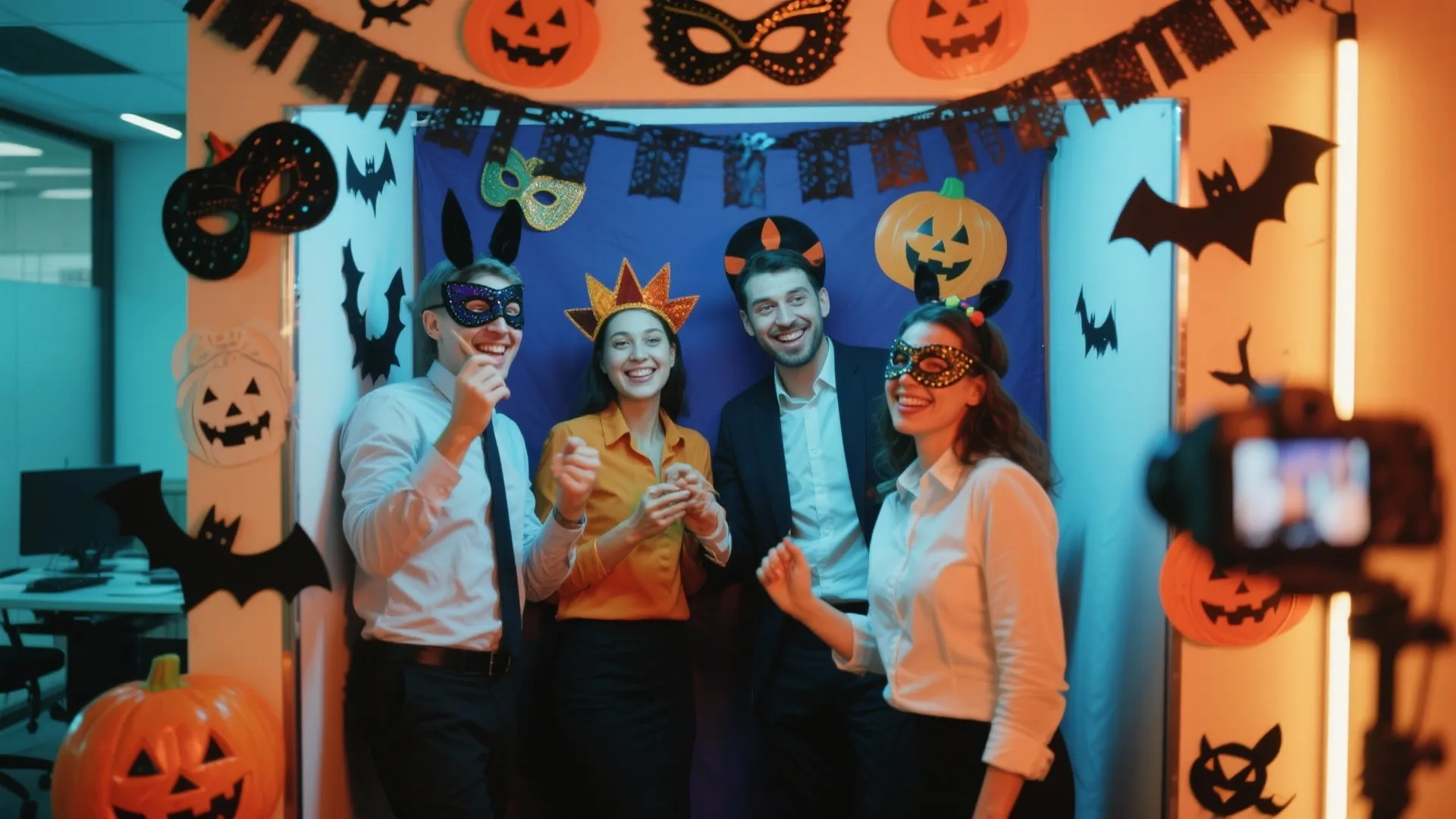 Four smiling office colleagues wearing Halloween masks and headbands posing for a festive group photo