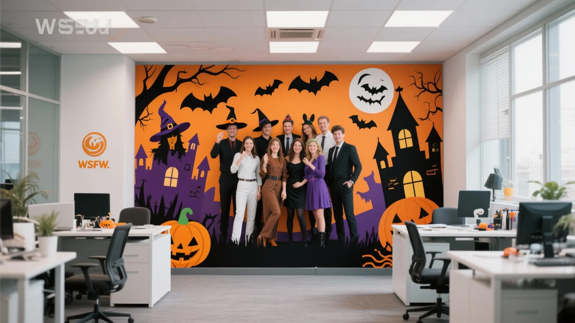Office workers standing before a Halloween backdrop with pumpkins and bats in a modern white office