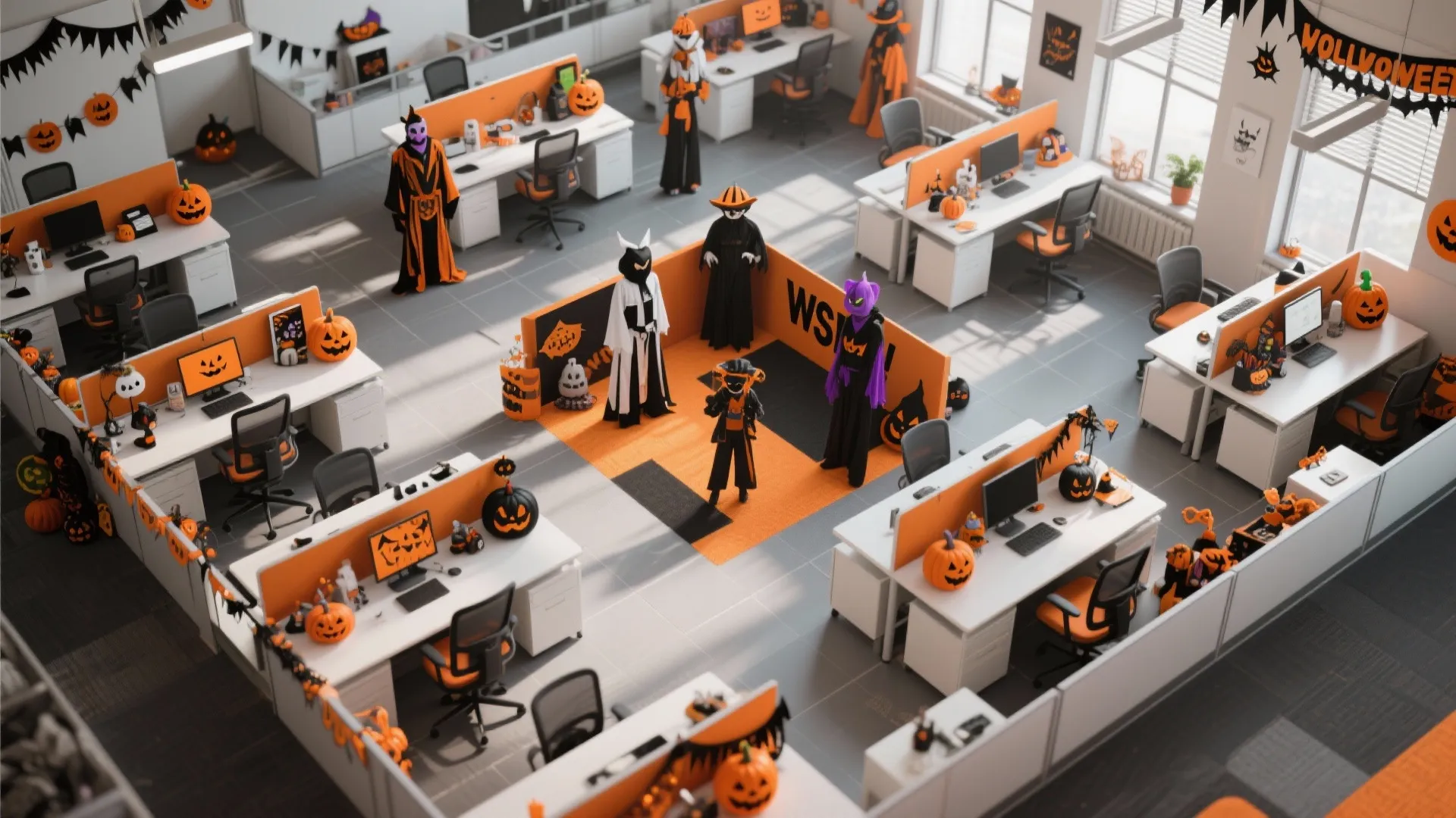 Office room layout with many white desks decorated with orange pumpkins and halloween themed costumes
