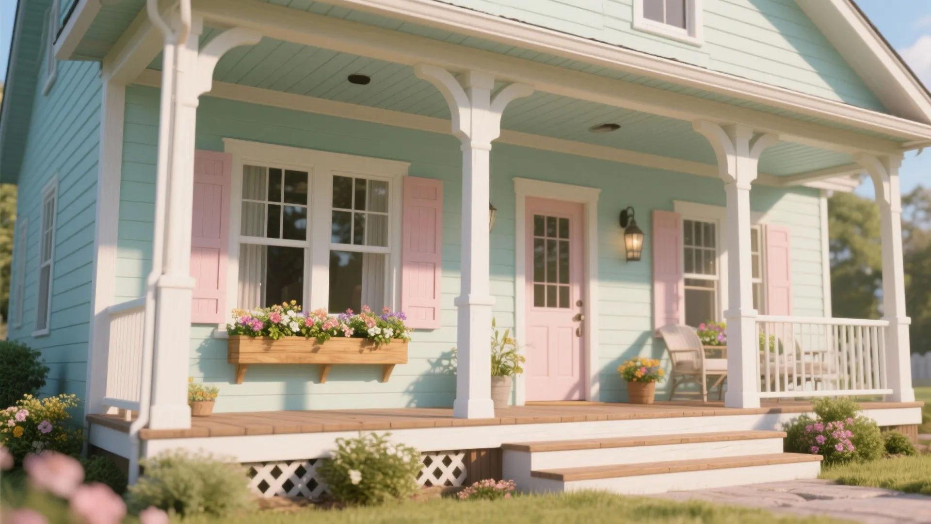 Light blue cottage house with pink front door pink shutters white porch columns and flower boxes