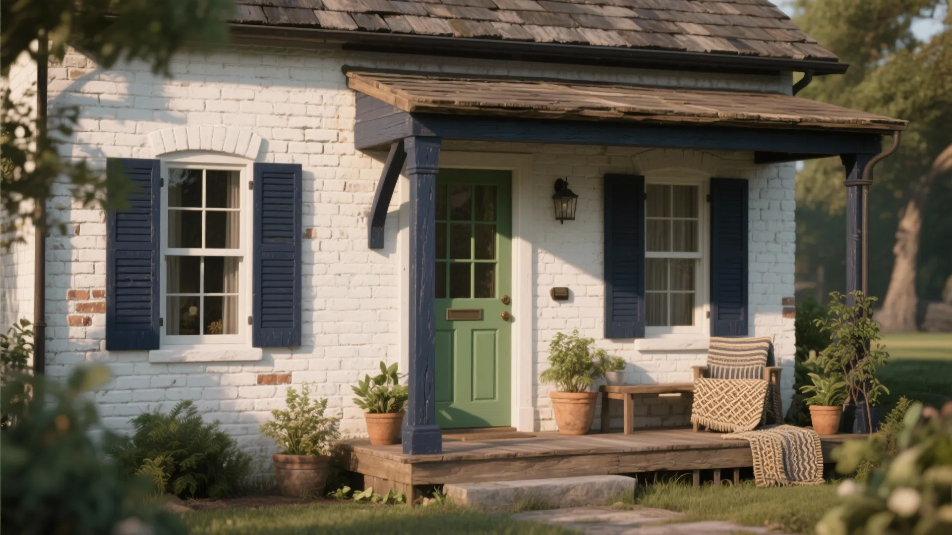 White brick cottage with green front door blue window shutters wooden porch and potted green plants