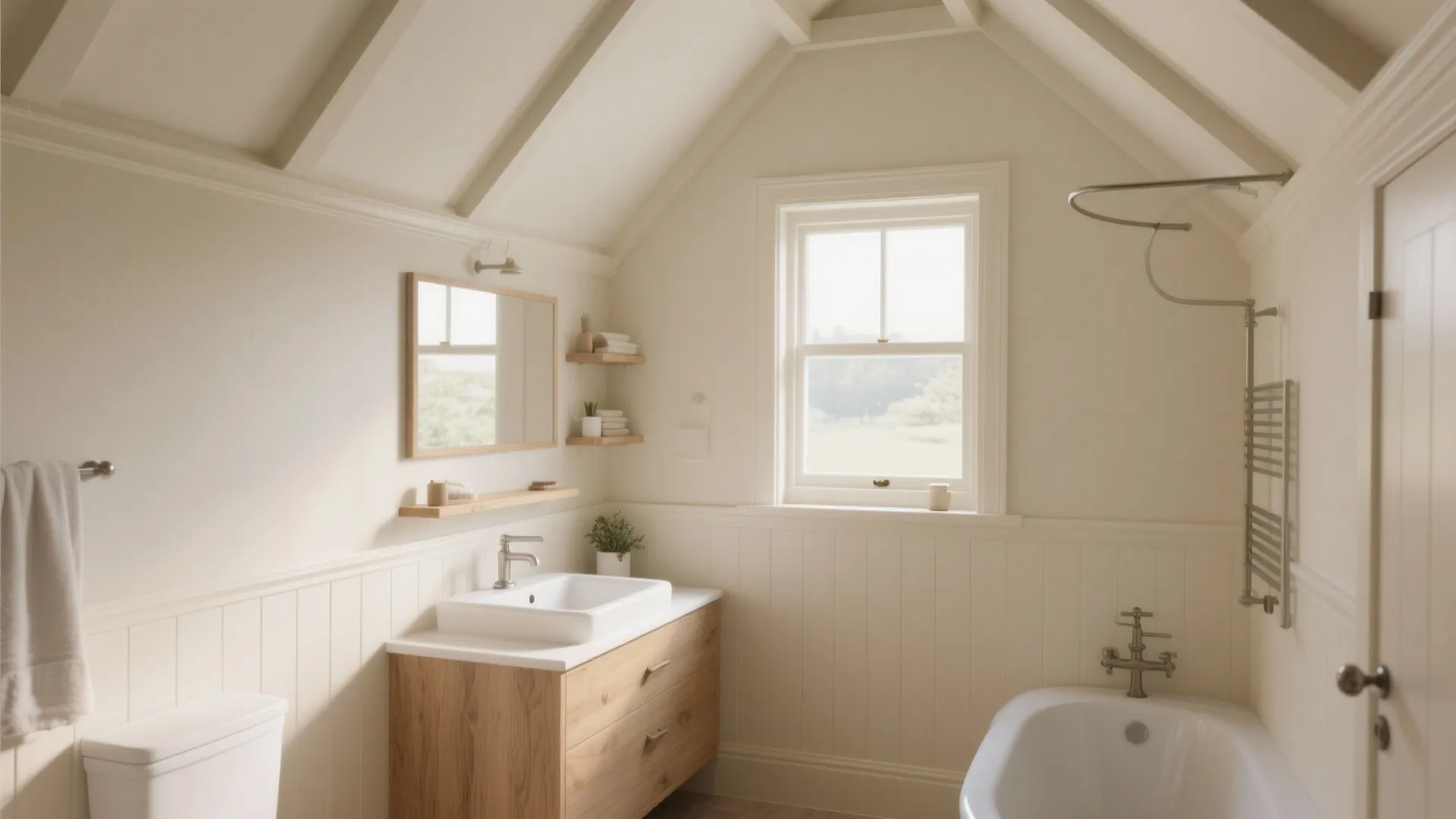 Cottage bathroom with sloped ceiling and moldings painted the same soft cream for a calm cohesive look.