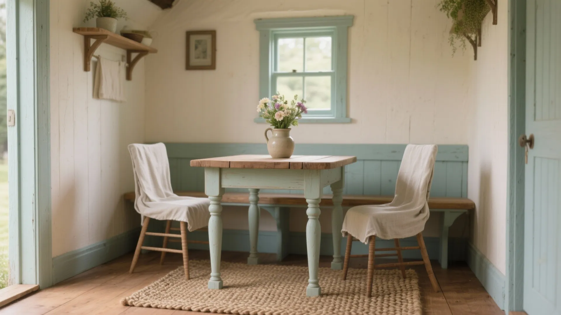 Small dining area with wooden table white chairs blue wall bench flowers and woven rug