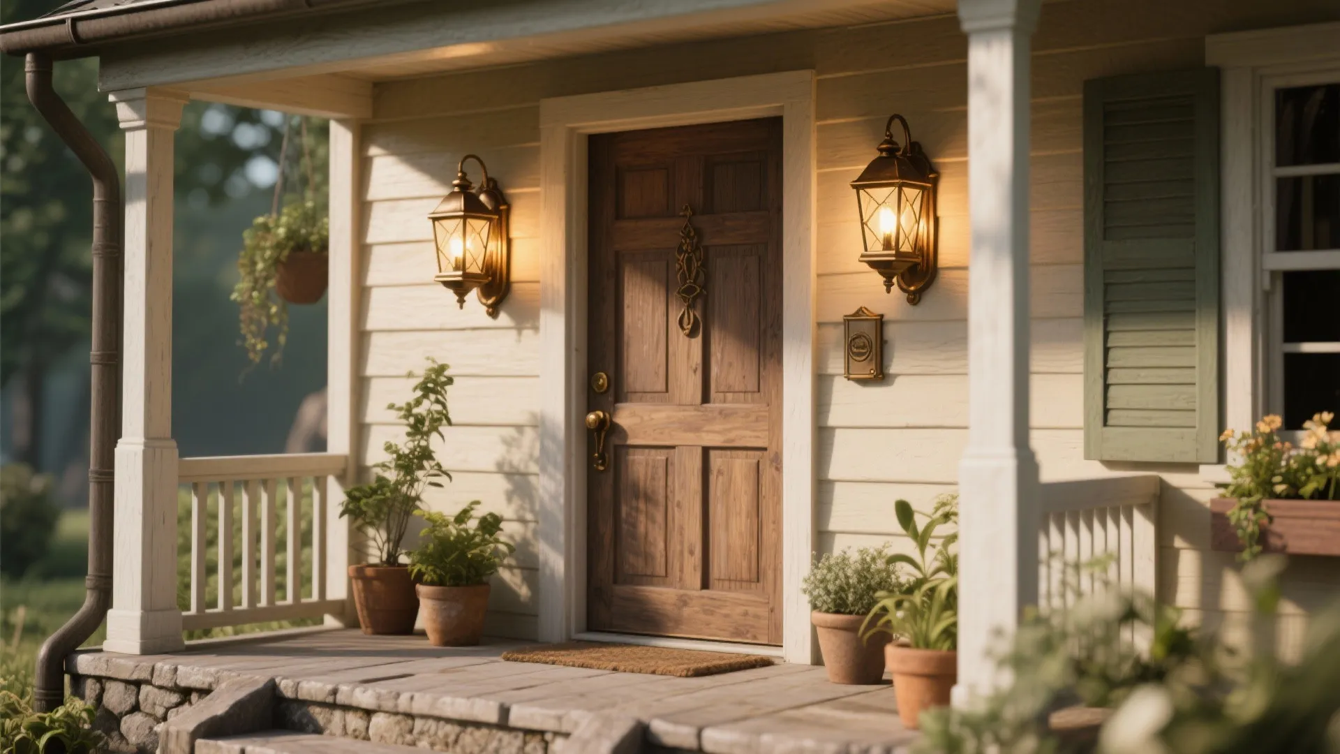 Cottage house entrance with wooden front door, wall light fixtures, green plants, and stone steps