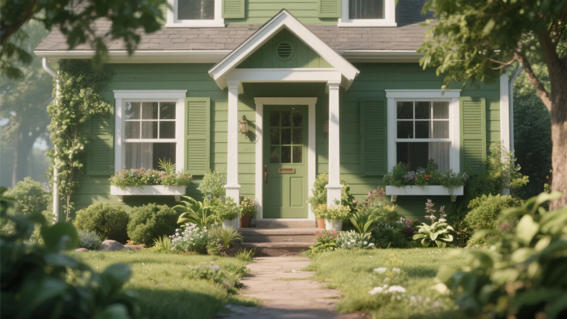 5. Cottage Garden Approach: Olive, White Trim, and Plantings